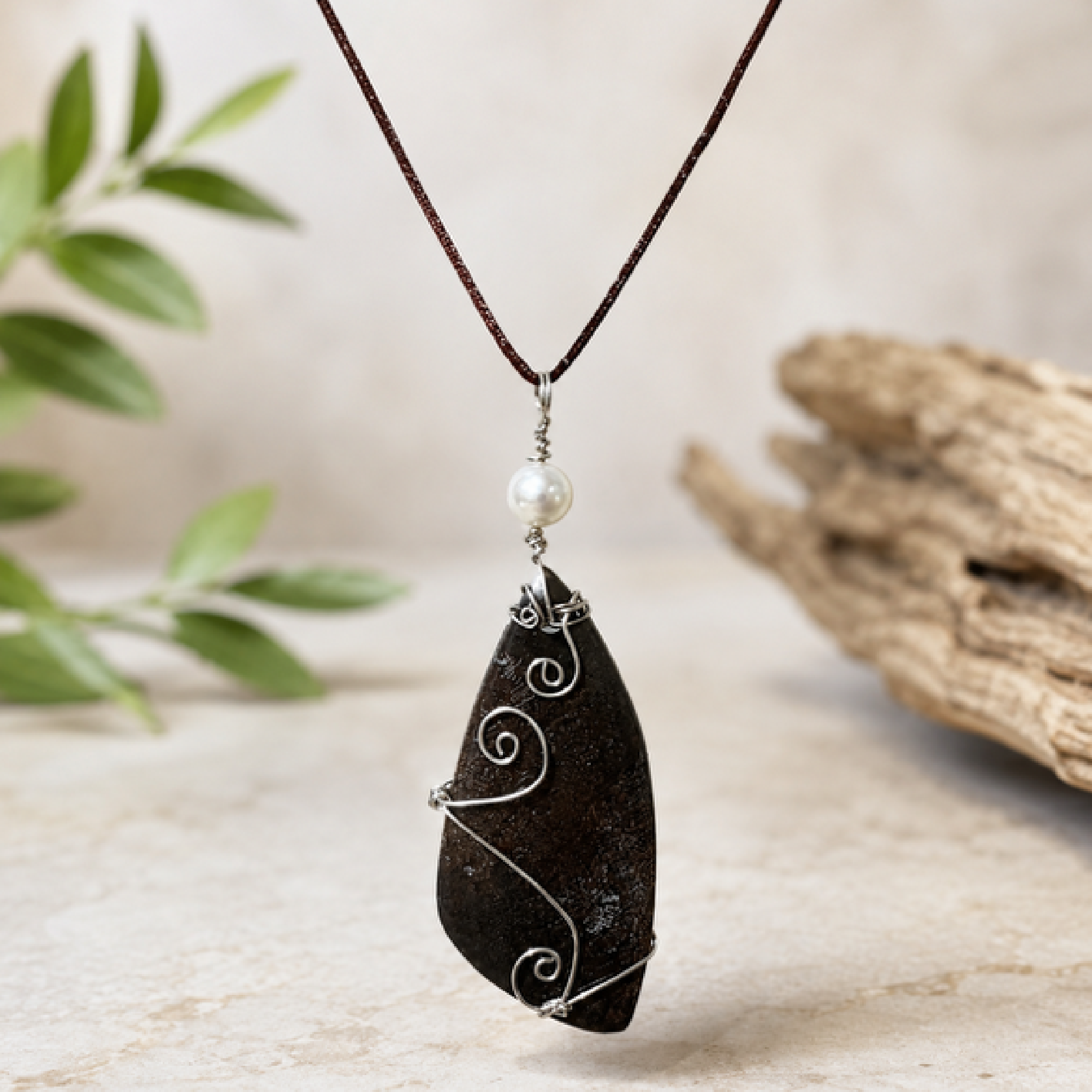 Natural Brown Stone & Pearl Sterling Silver Wire-Wrapped Pendant Necklace
