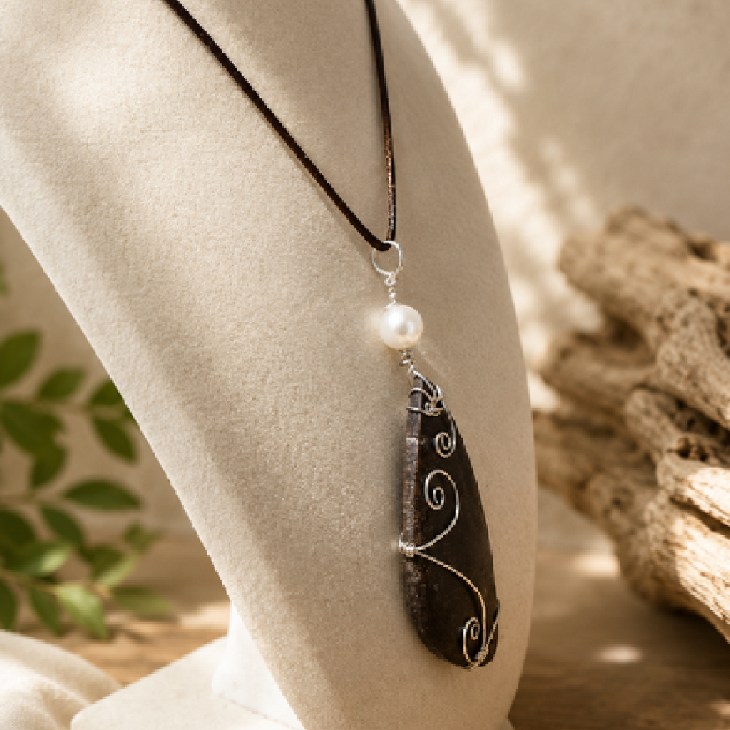 Natural Brown Stone & Pearl Sterling Silver Wire-Wrapped Pendant Necklace