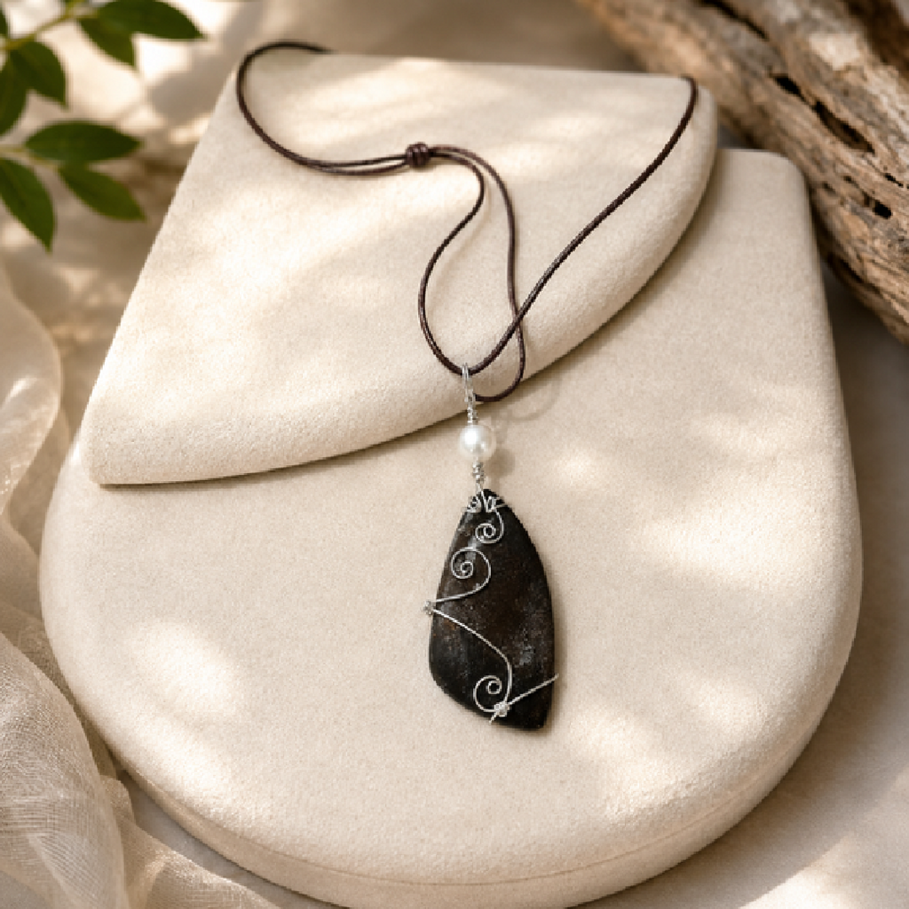 Natural Brown Stone & Pearl Sterling Silver Wire-Wrapped Pendant Necklace