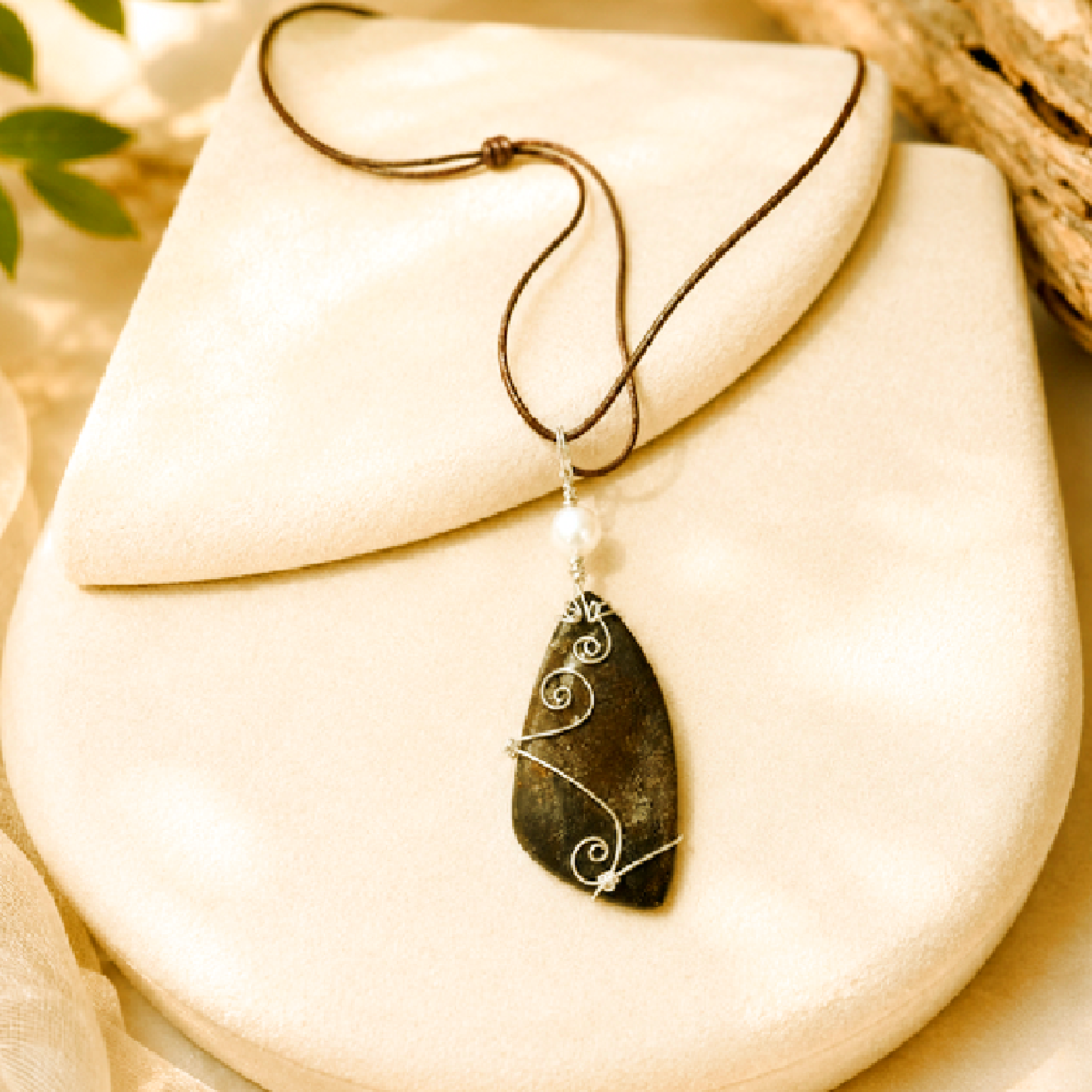 Natural Brown Stone & Pearl Sterling Silver Wire-Wrapped Pendant Necklace