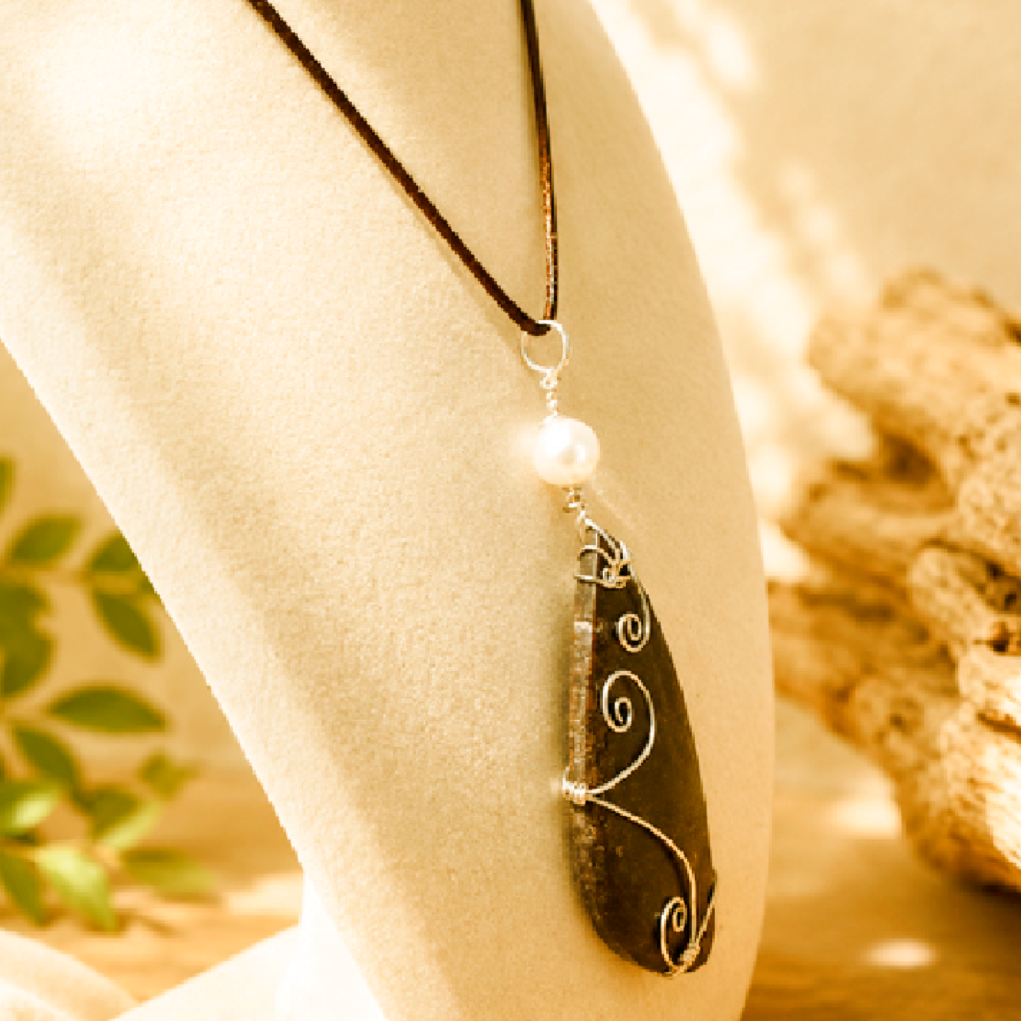 Natural Brown Stone & Pearl Sterling Silver Wire-Wrapped Pendant Necklace