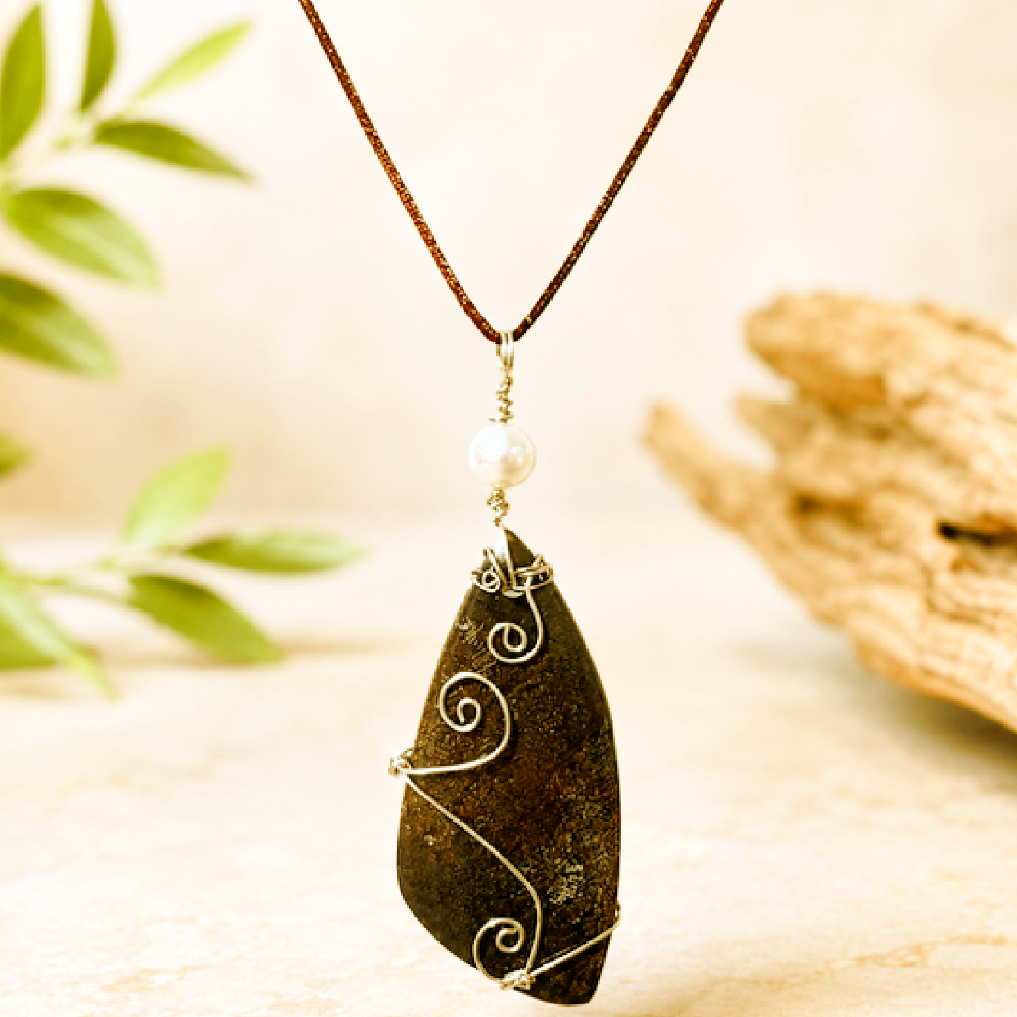 Natural Brown Stone & Pearl Sterling Silver Wire-Wrapped Pendant Necklace