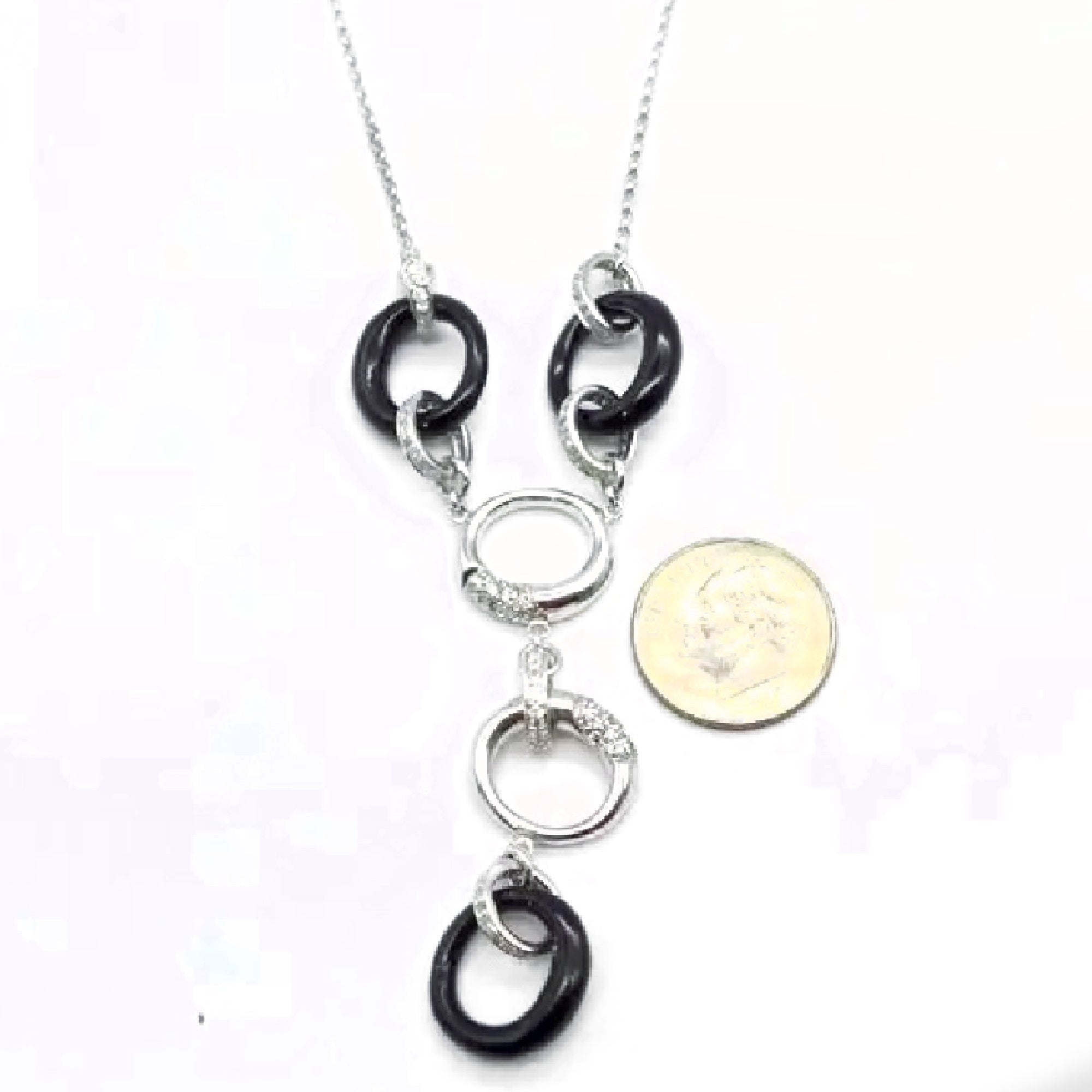 18K White Gold Diamond & Onyx Circle Necklace