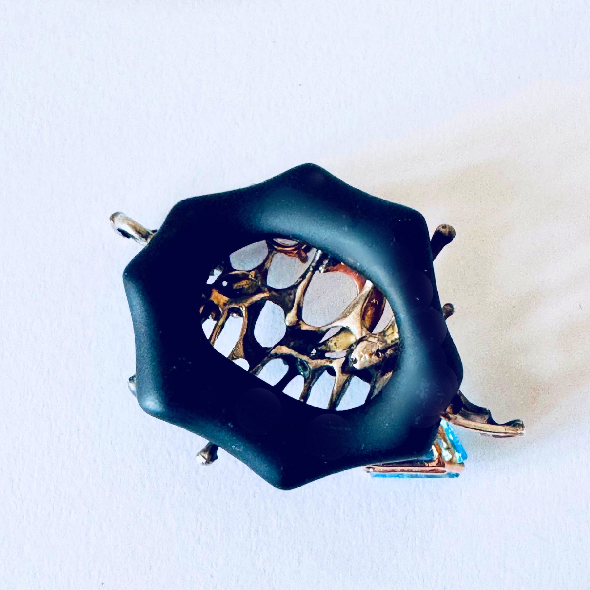 Black Onyx Pendant with Blue Topaz, Rose Gold & Sterling Silver