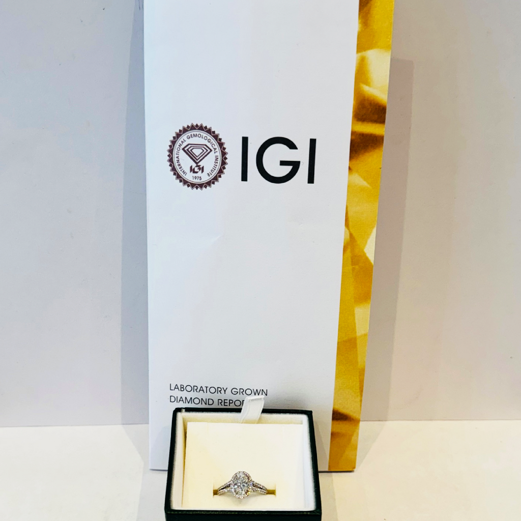 IGI Certified 1.11ct E VVS2 Oval Lab Diamond Halo Engagement Ring in 18K White Gold