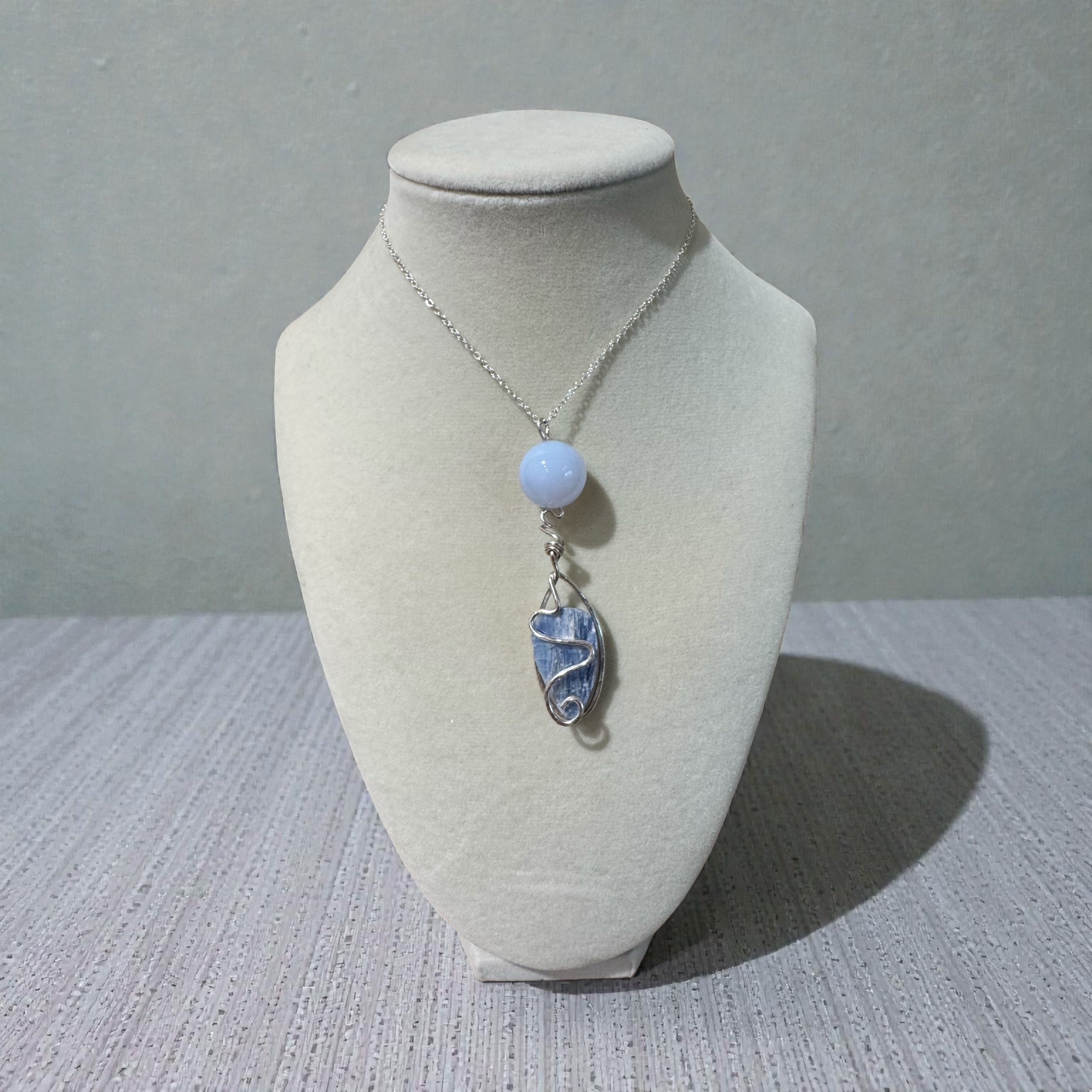 Blue Chalcedony & Kyanite Wire-Wrapped Pendant