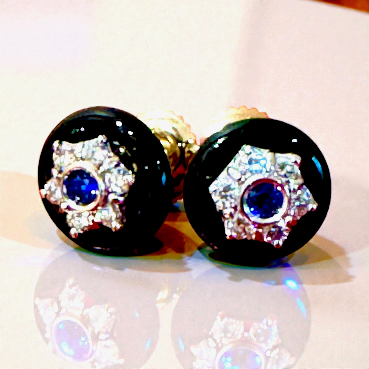 14K Two-Tone Gold Diamond, Sapphire & Onyx Earrings