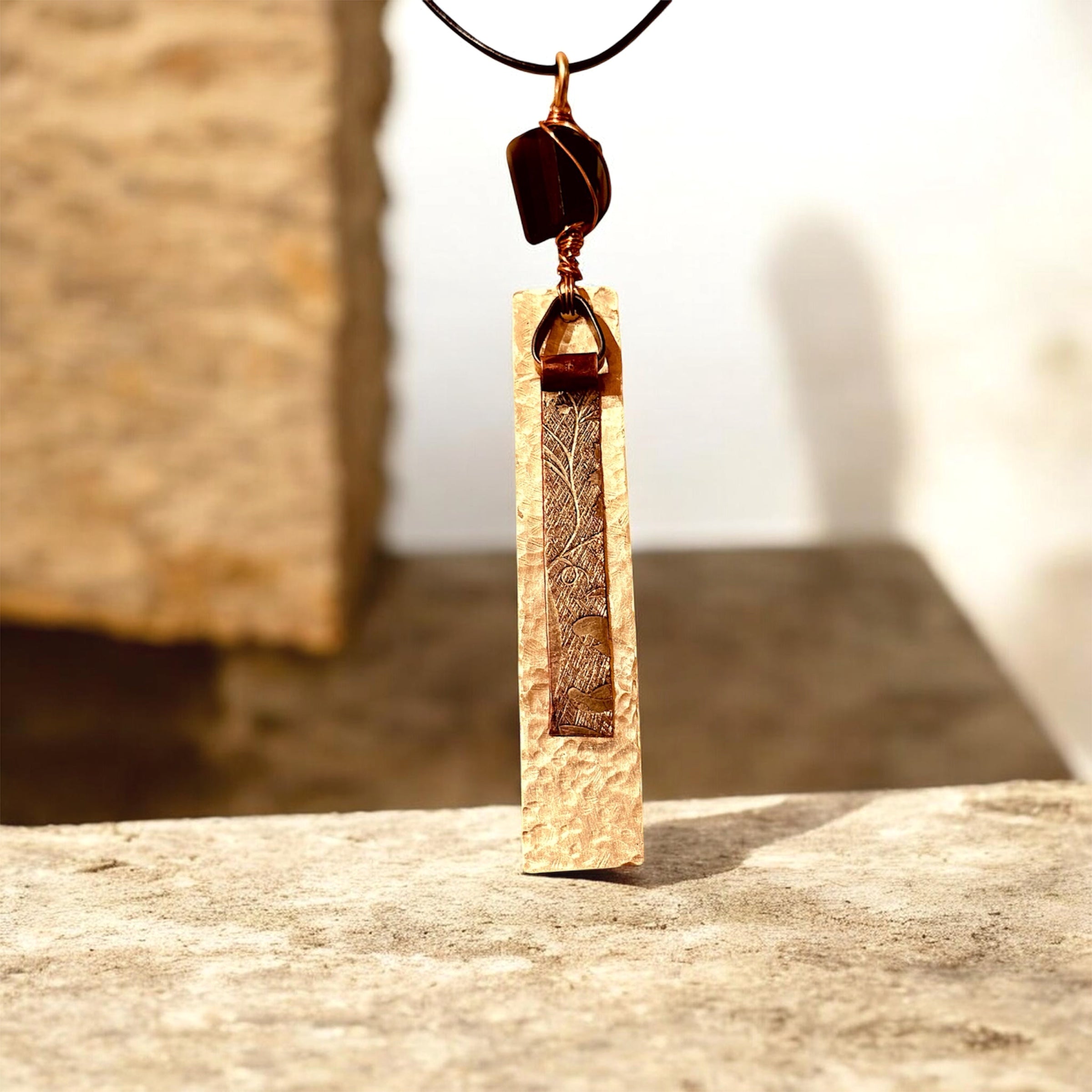 Hammered Brass & Copper Wire Wrapped Pendant with Fancy Cut Smoky Topaz