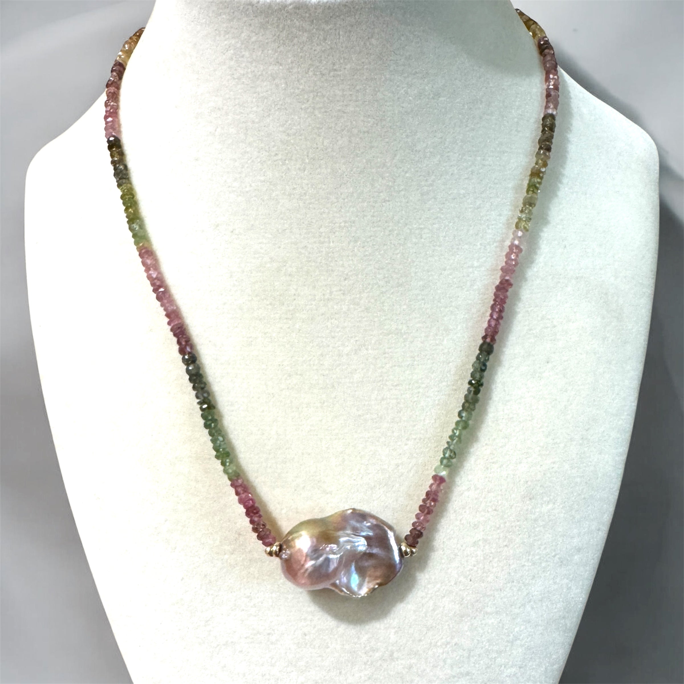 Watermelon Tourmaline & Freshwater Baroque Pearl Necklace with 14K Gold Accents — 16"