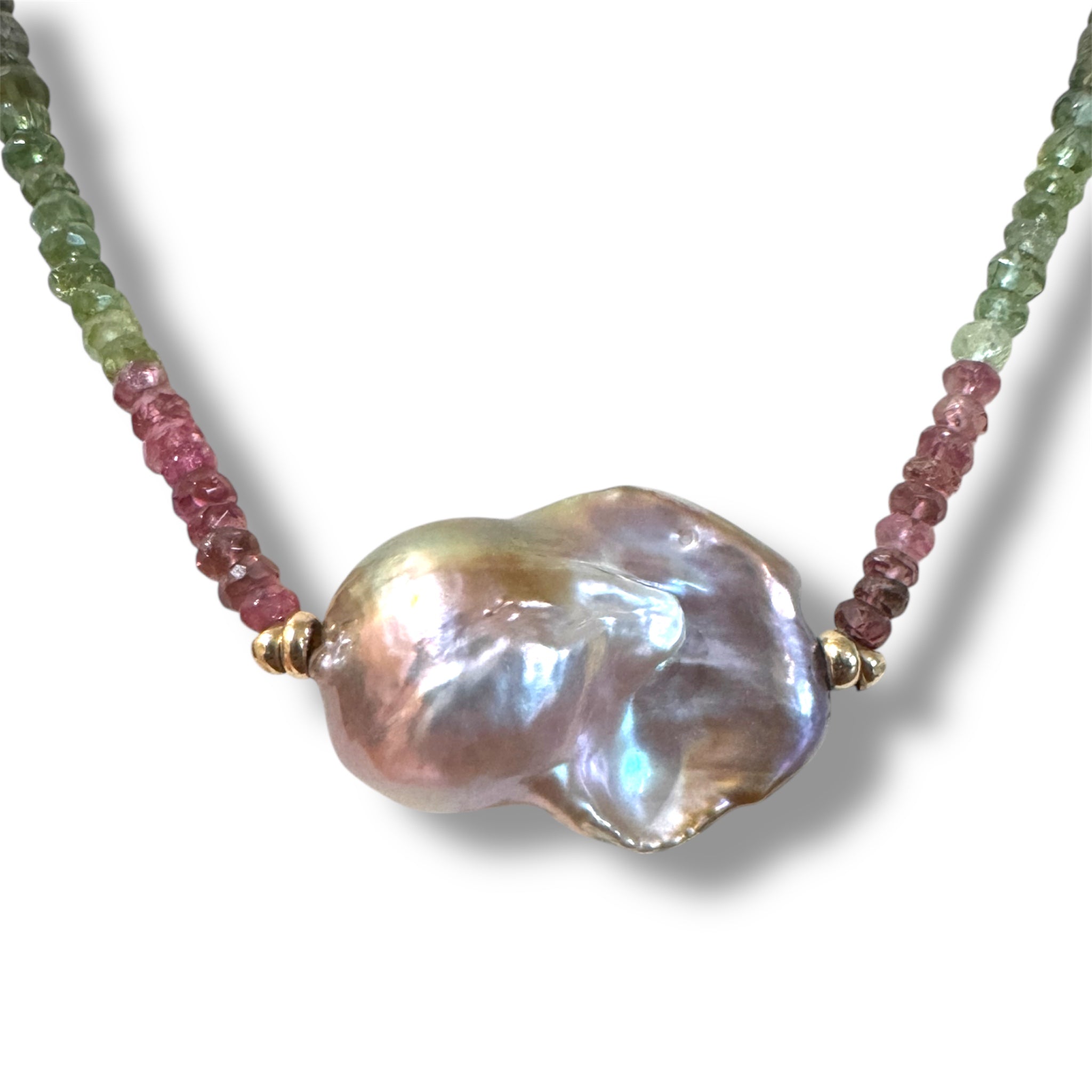 Watermelon Tourmaline & Freshwater Baroque Pearl Necklace with 14K Gold Accents — 16"