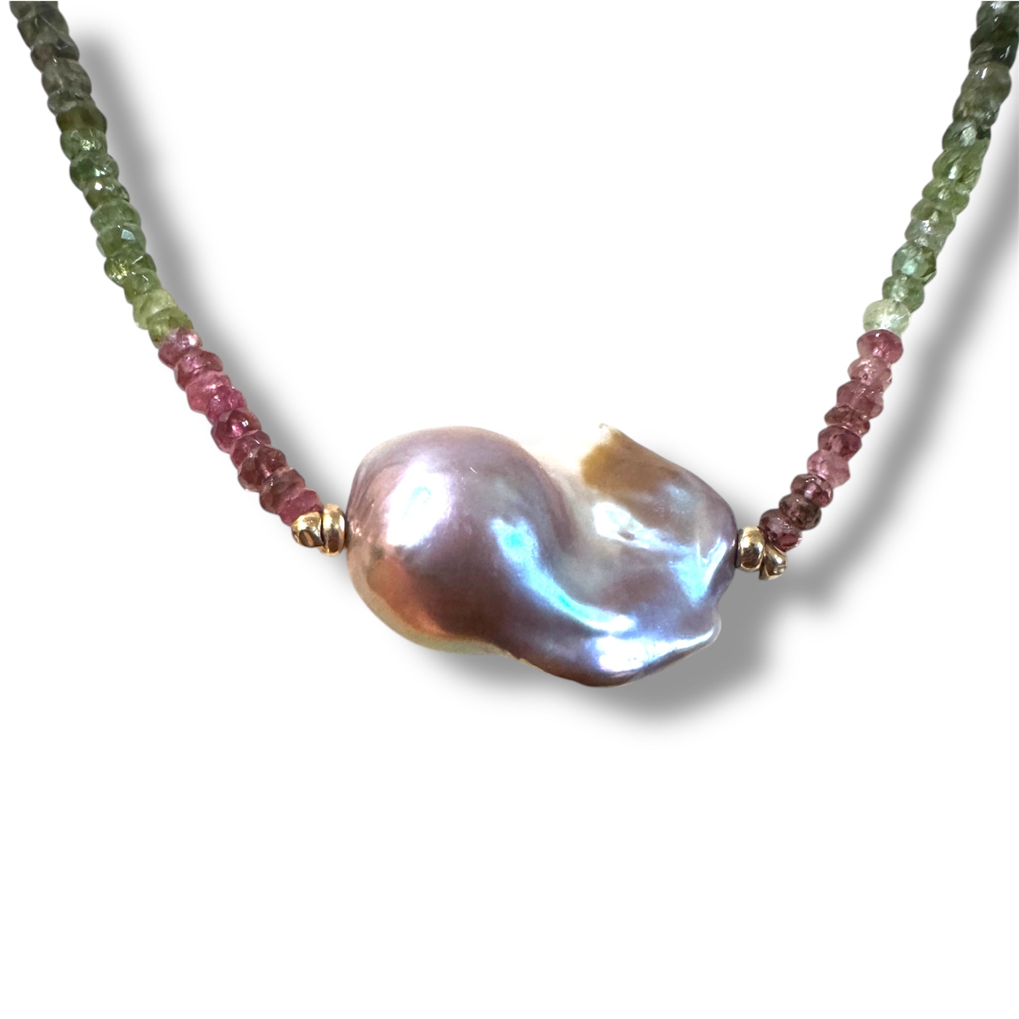Watermelon Tourmaline & Freshwater Baroque Pearl Necklace with 14K Gold Accents — 16"