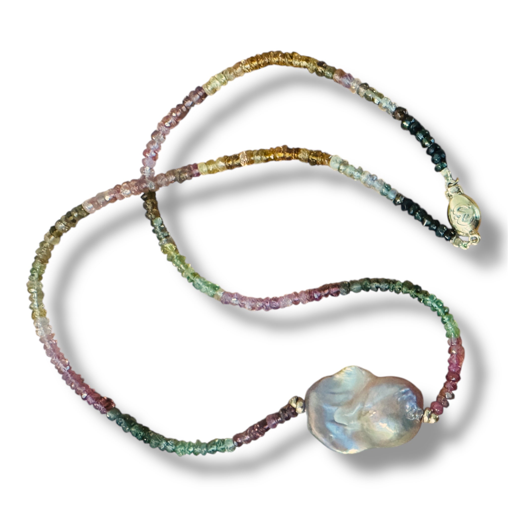 Watermelon Tourmaline & Freshwater Baroque Pearl Necklace with 14K Gold Accents — 16"