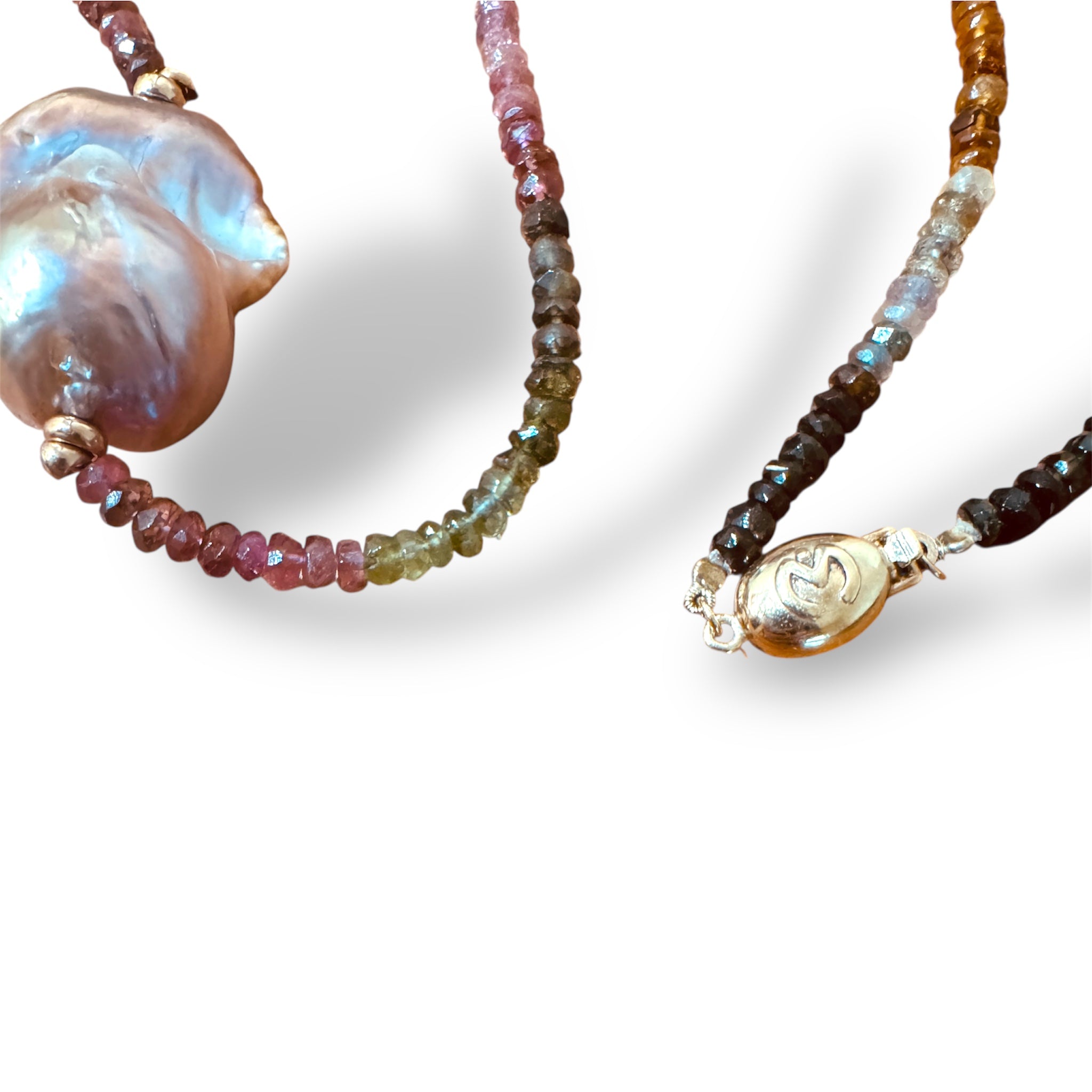 Watermelon Tourmaline & Freshwater Baroque Pearl Necklace with 14K Gold Accents — 16"