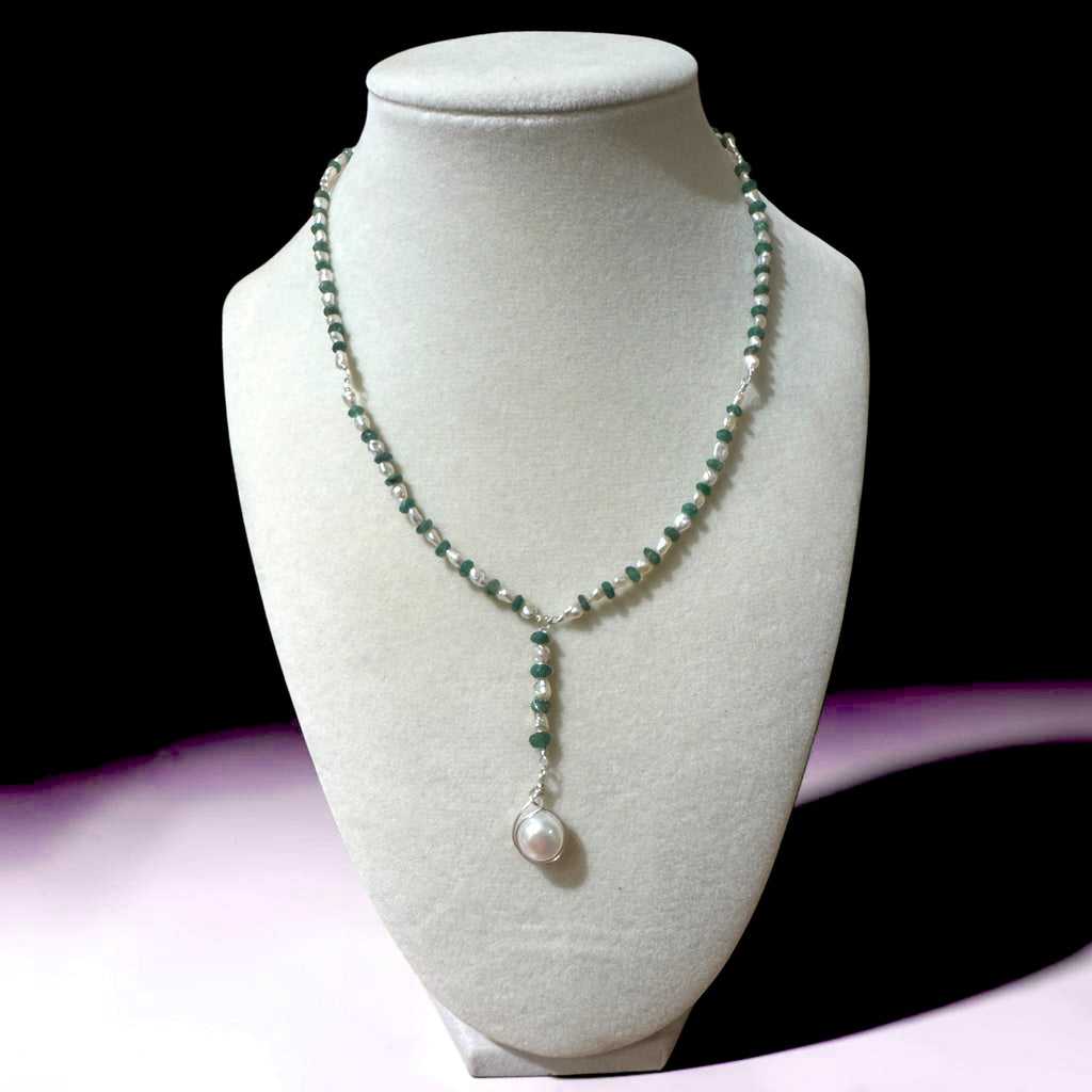 Emerald Bead & Freshwater Pearl Lariat Necklace - Sterling Silver - 19"