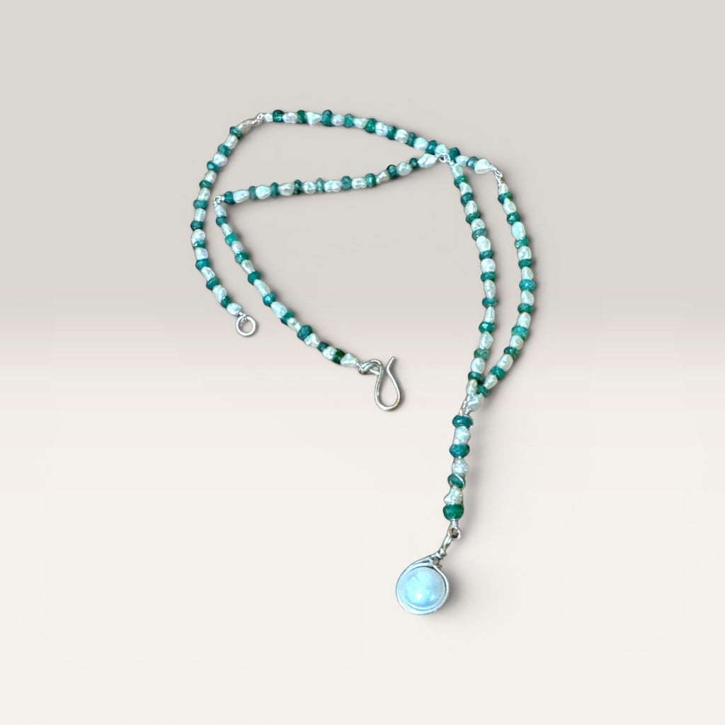 Emerald Bead & Freshwater Pearl Lariat Necklace - Sterling Silver - 19"