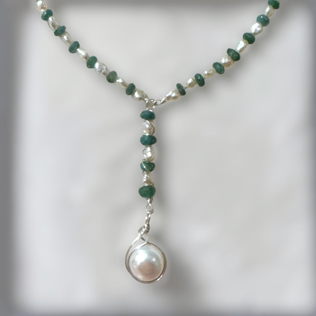 Emerald Bead & Freshwater Pearl Lariat Necklace - Sterling Silver - 19"