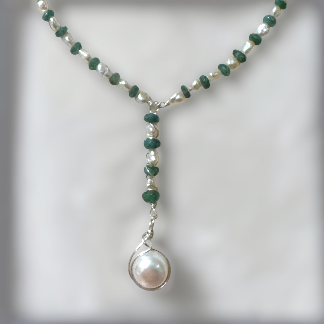 Emerald Bead & Freshwater Pearl Lariat Necklace - Sterling Silver - 19"