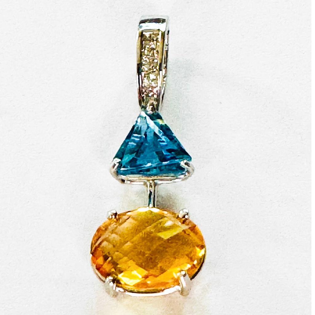 14K White Gold Citrine and Blue Topaz Pendant with Diamonds