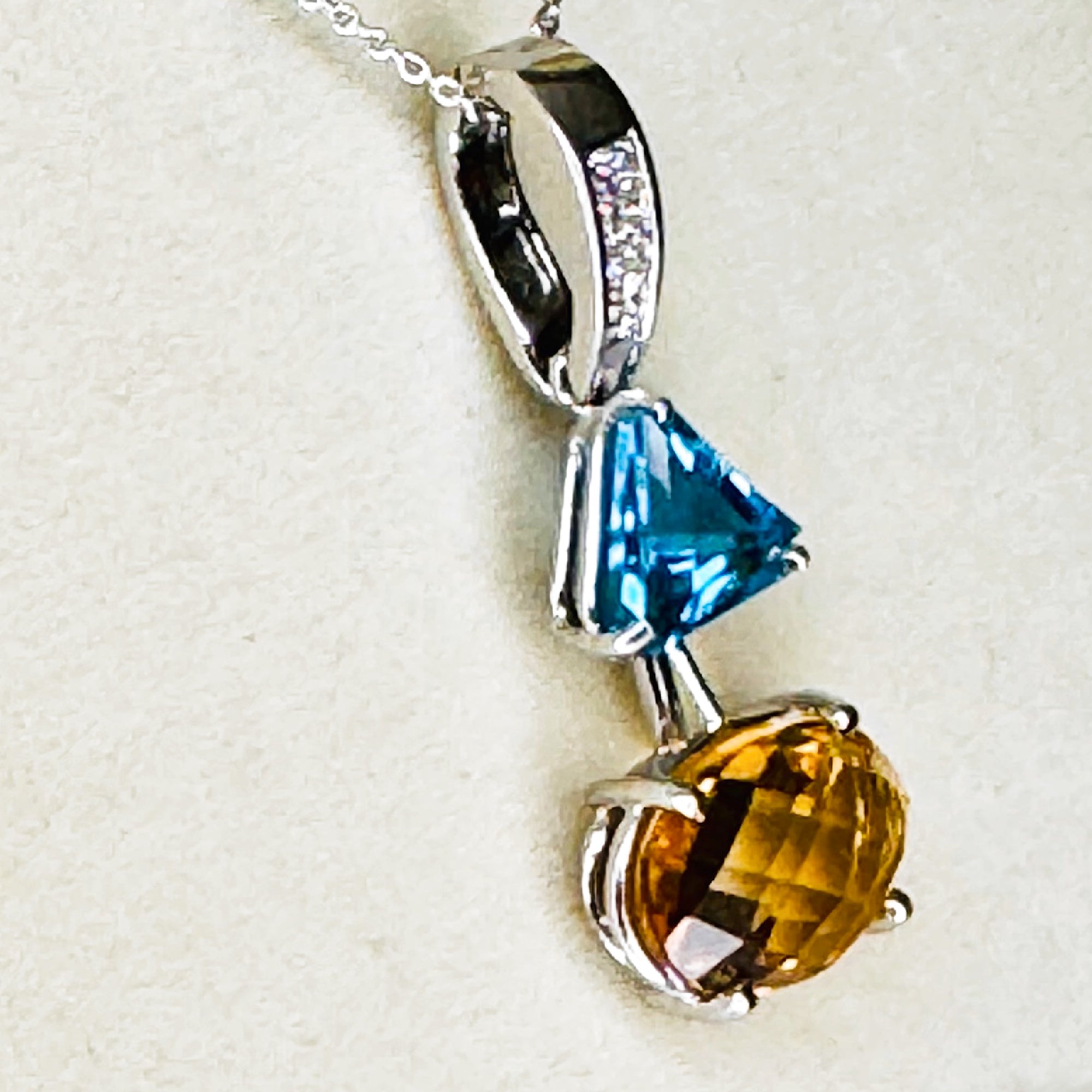 14K White Gold Citrine and Blue Topaz Pendant with Diamonds