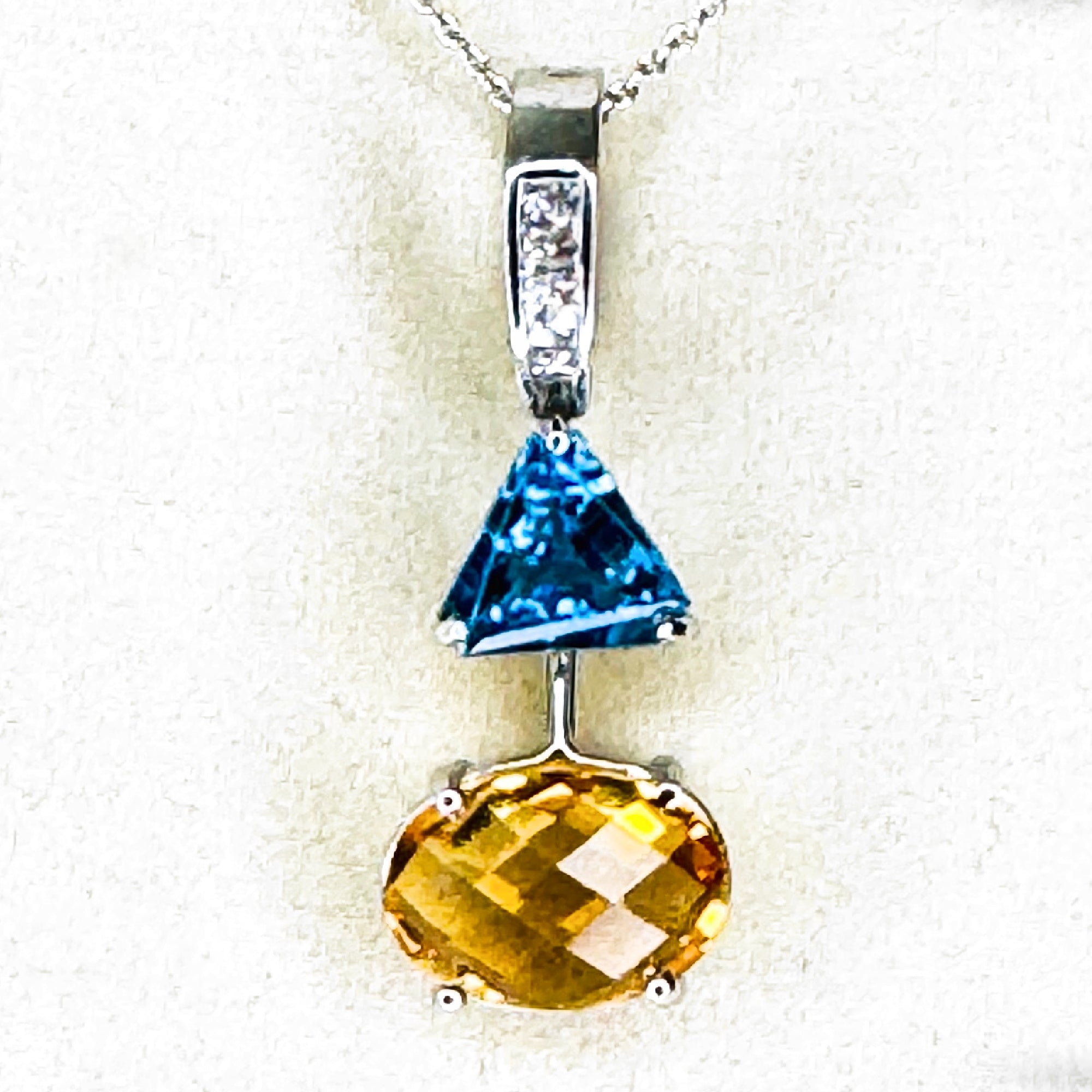 14K White Gold Citrine and Blue Topaz Pendant with Diamonds