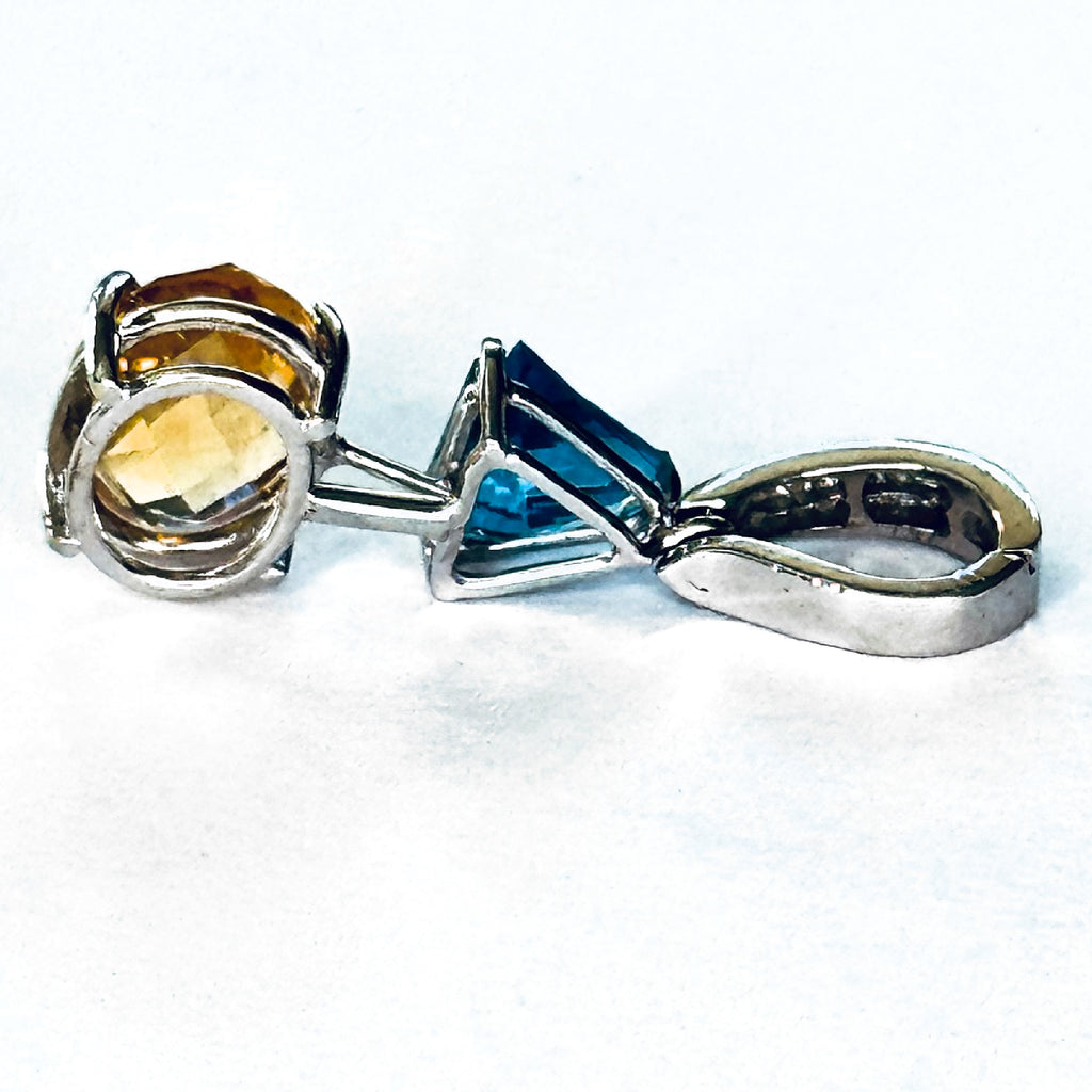 14K White Gold Citrine and Blue Topaz Pendant with Diamonds