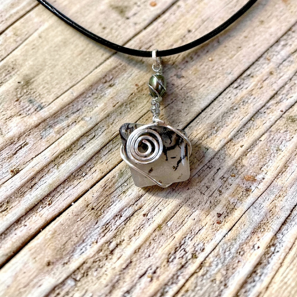 Wire-Wrapped Dendritic Quartz Pendant with Black Pearl - Silver Tone