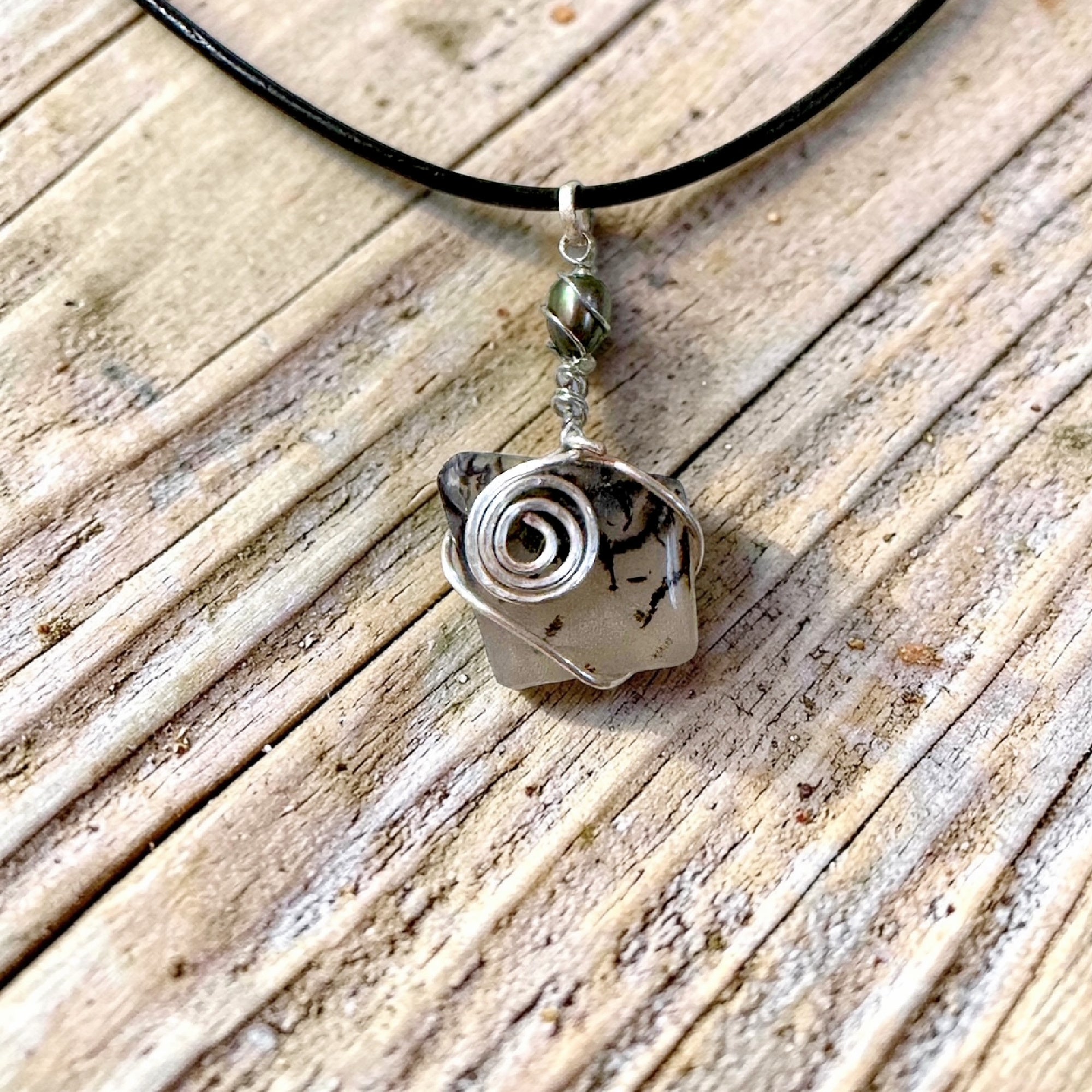 Wire-Wrapped Dendritic Quartz Pendant with Black Pearl - Silver Tone