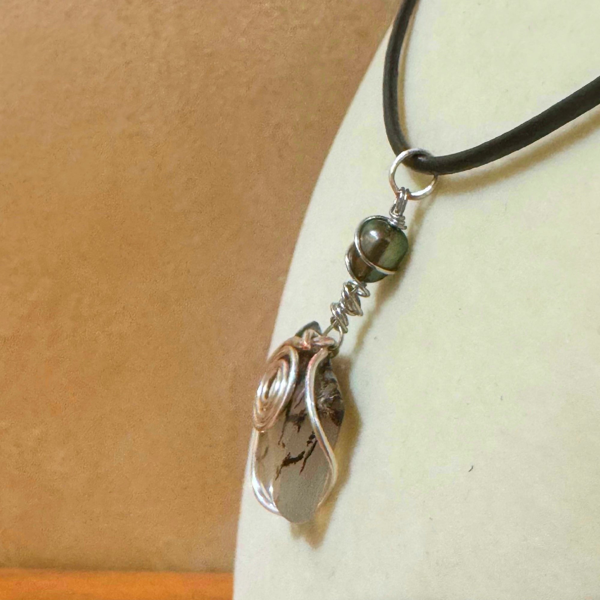 Wire-Wrapped Dendritic Quartz Pendant with Black Pearl - Silver Tone