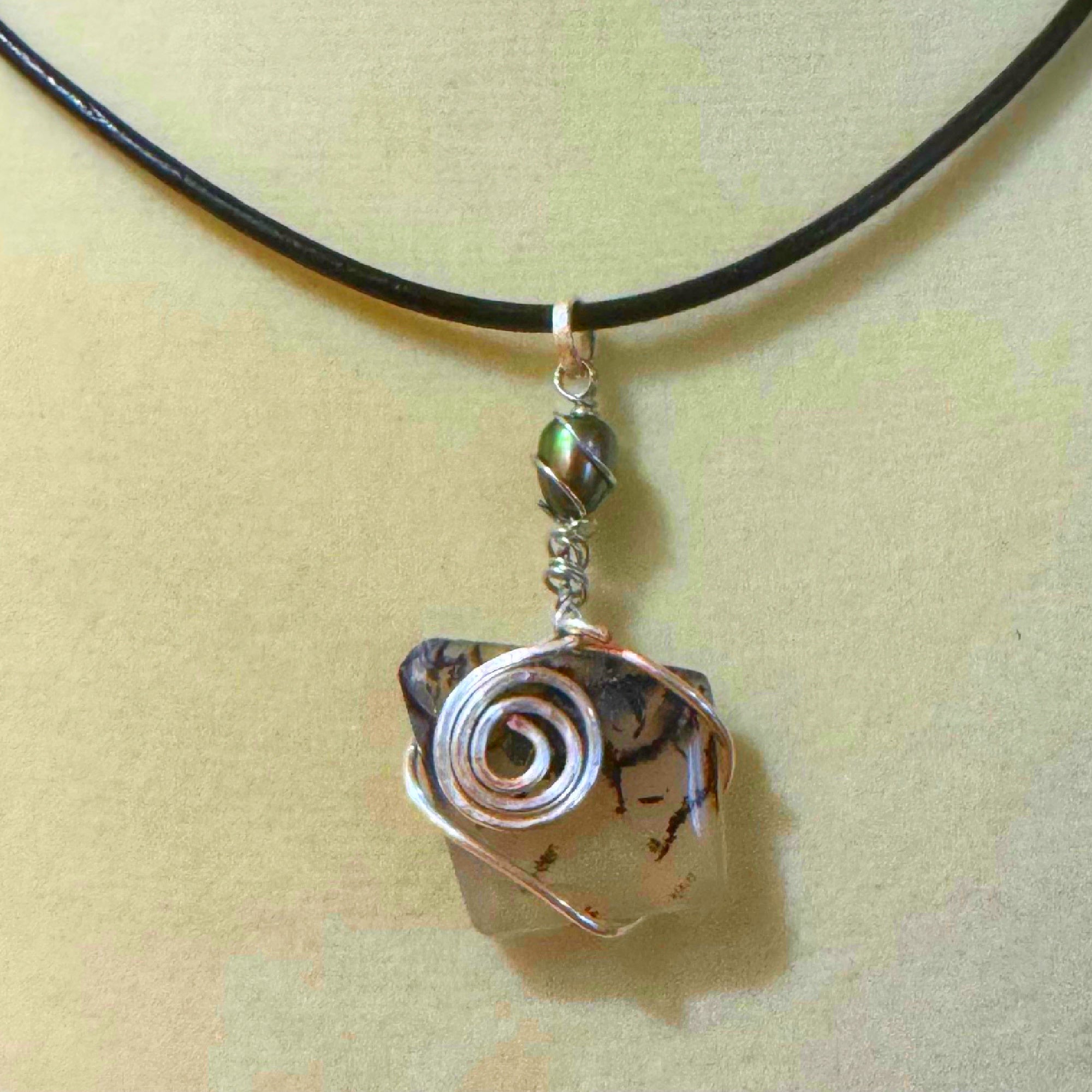 Wire-Wrapped Dendritic Quartz Pendant with Black Pearl - Silver Tone