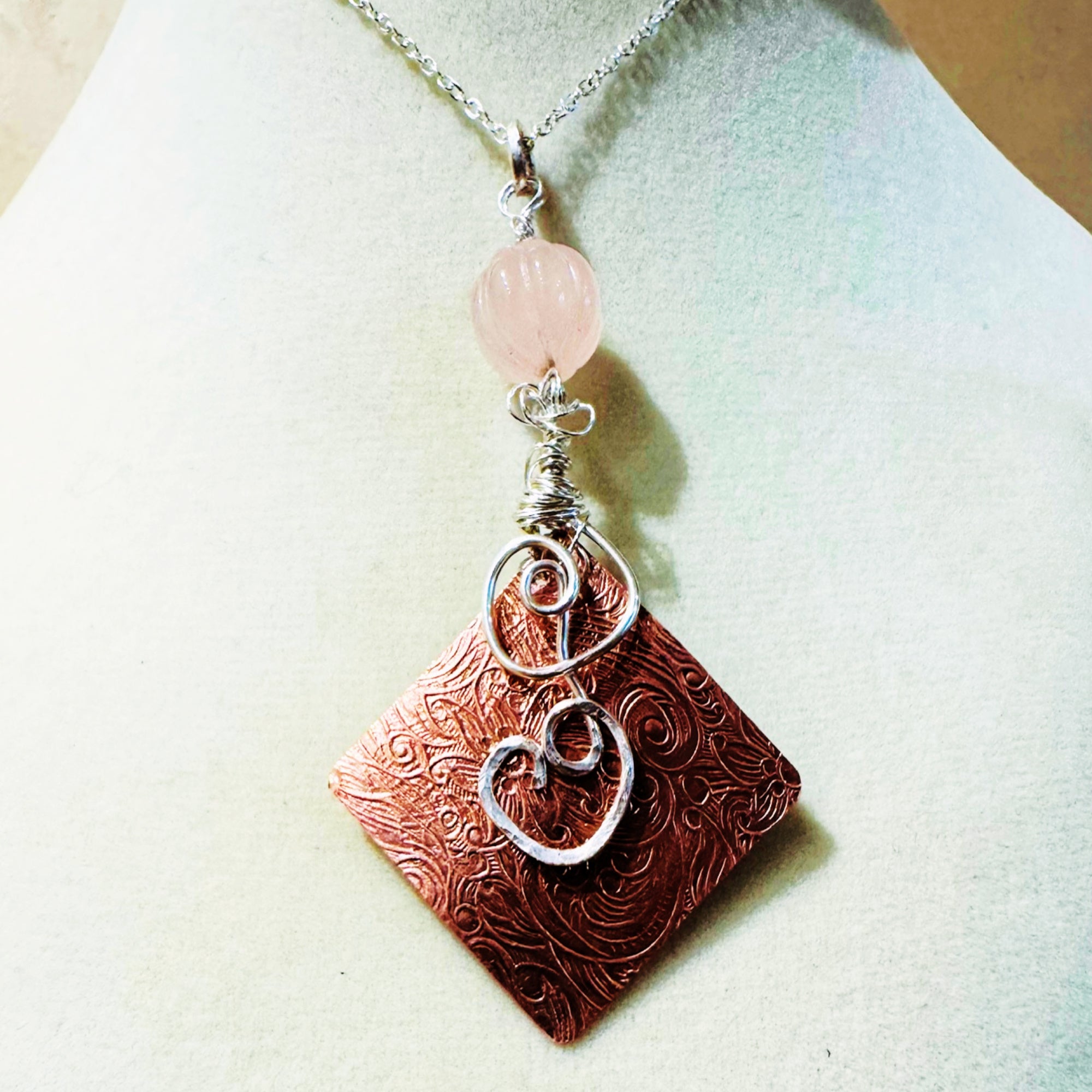 Copper Scroll and Rose Quartz Pendant