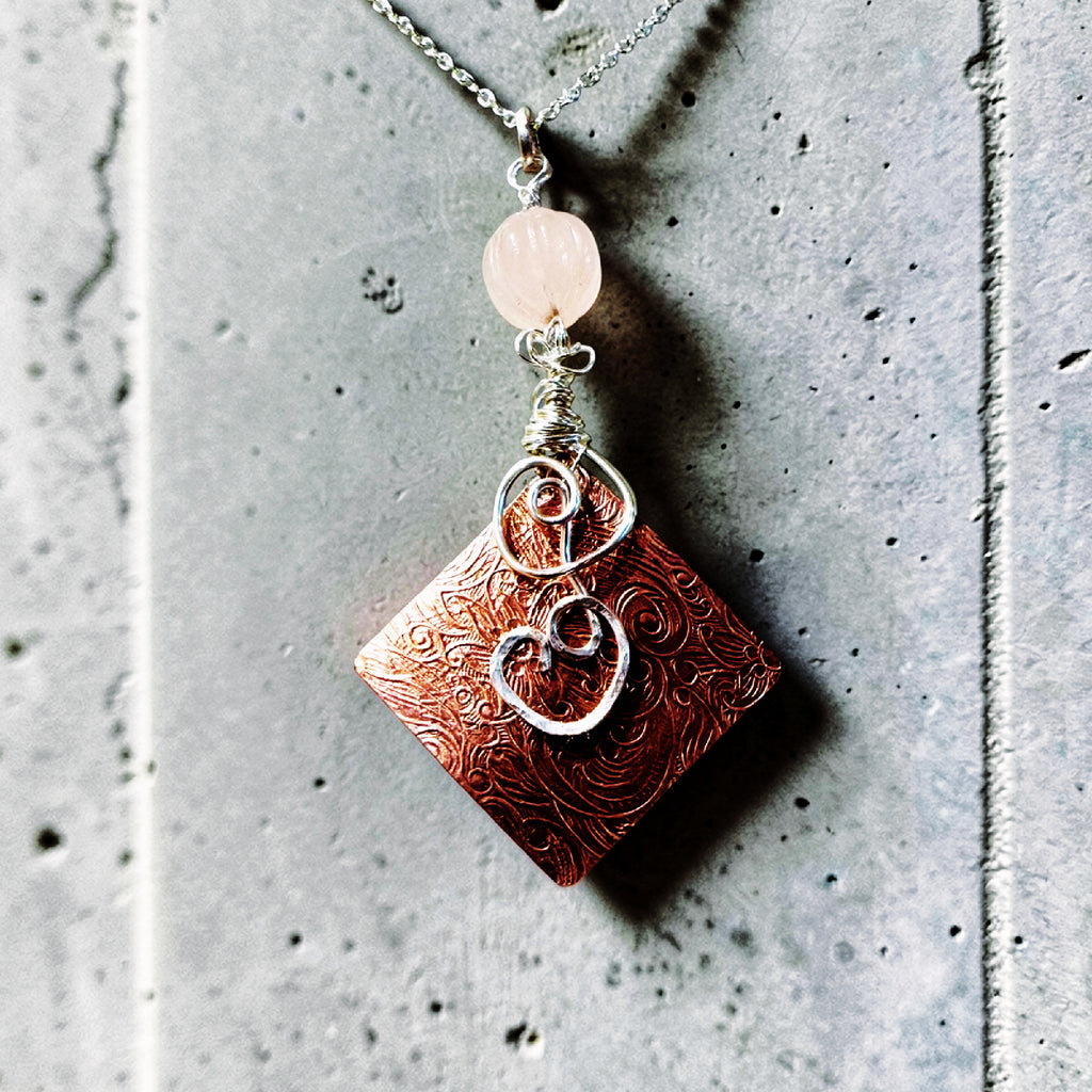 Copper Scroll and Rose Quartz Pendant