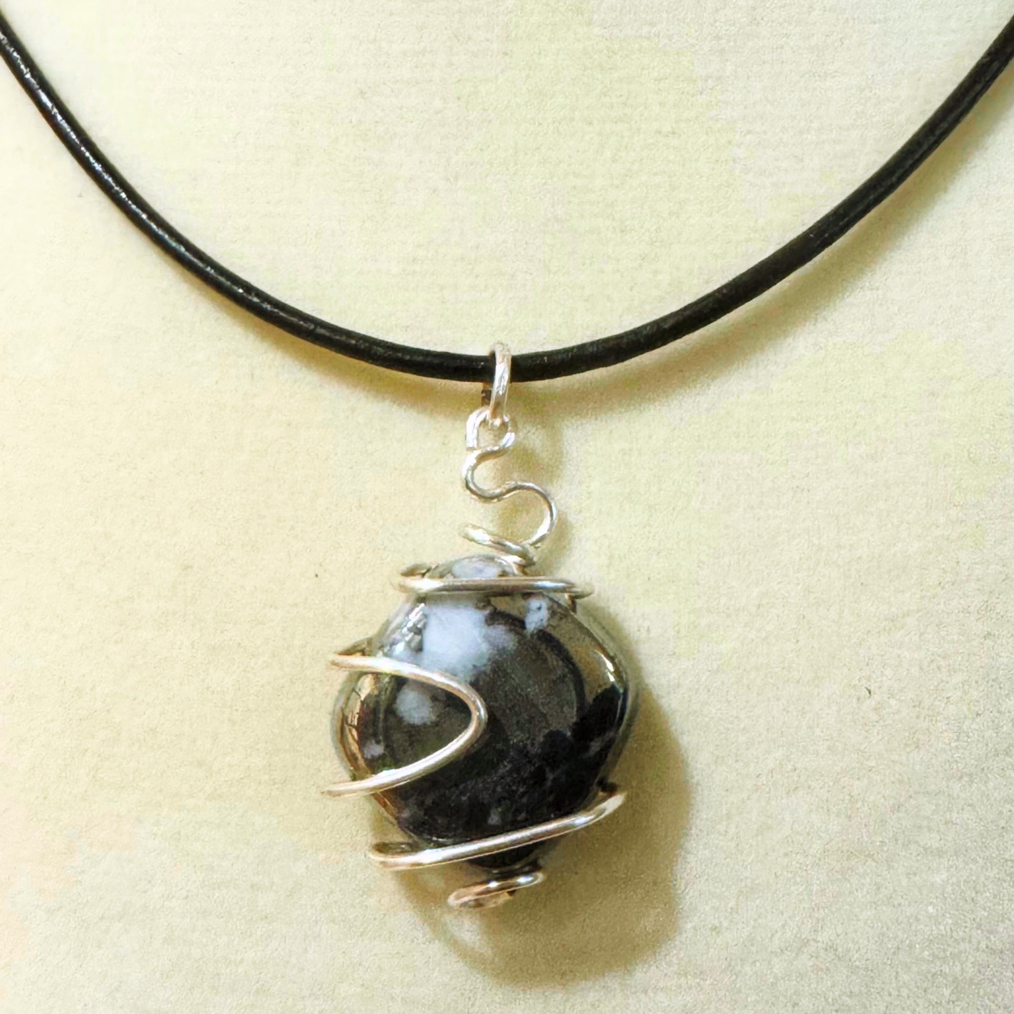 Wire-Wrapped Snowflake Obsidian Pendant - Silver Tone