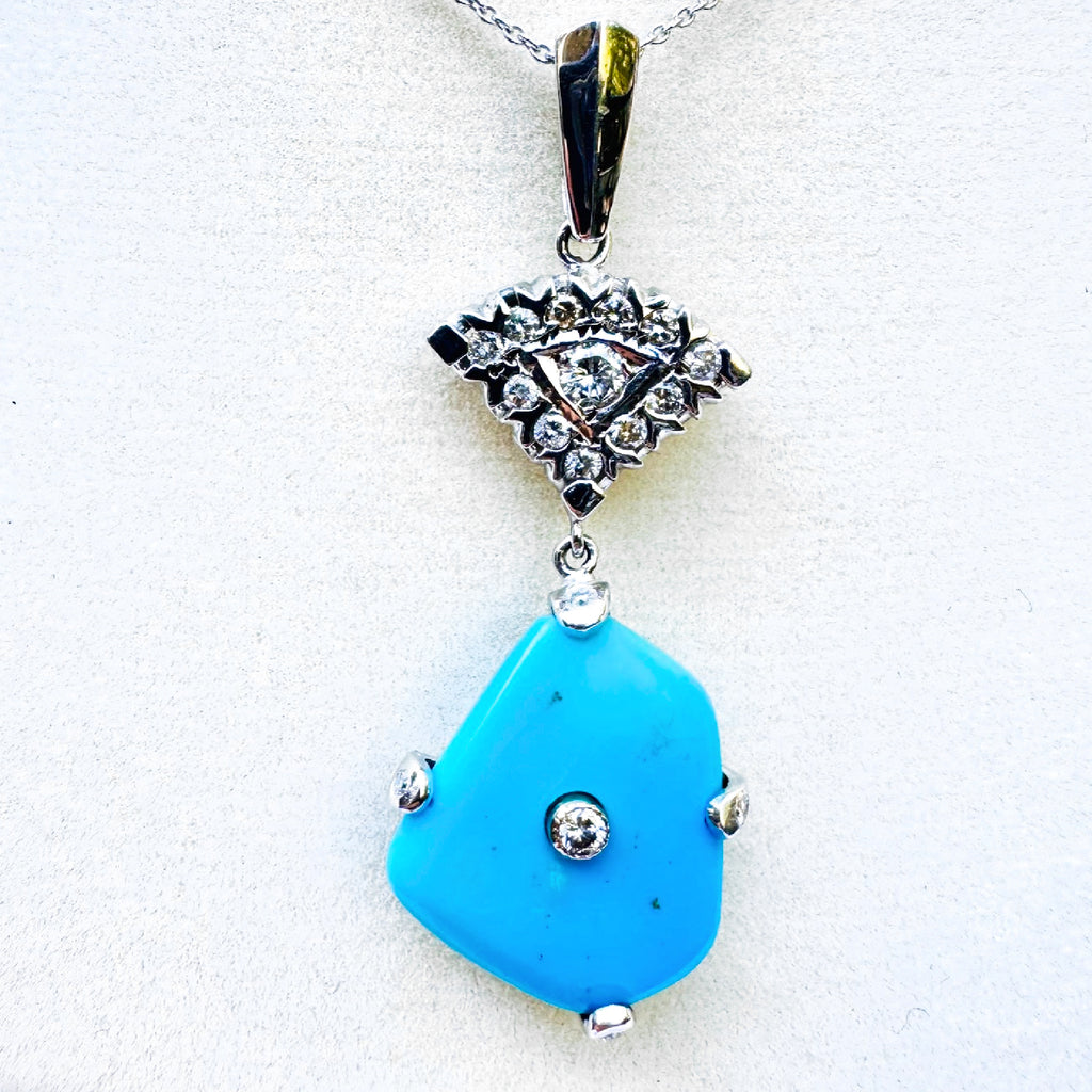 Turquoise and Diamond Pendant - 14K White Gold