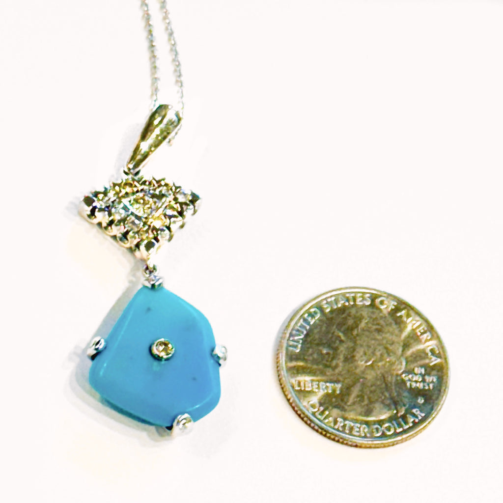 Turquoise and Diamond Pendant - 14K White Gold