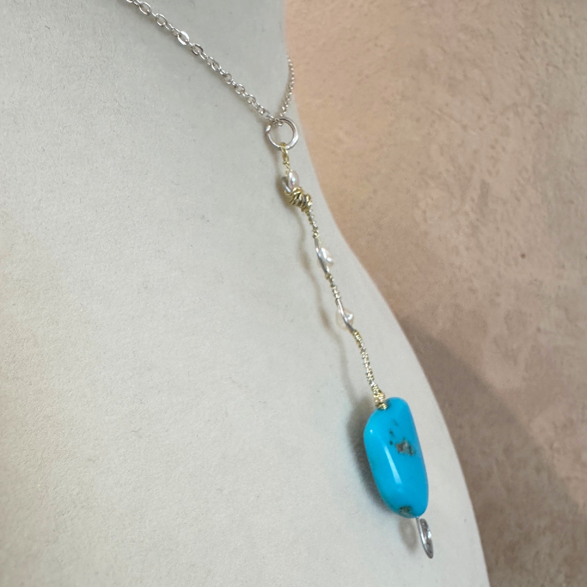 Natural Turquoise & Freshwater Pearl Wire Wrapped Pendant Necklace