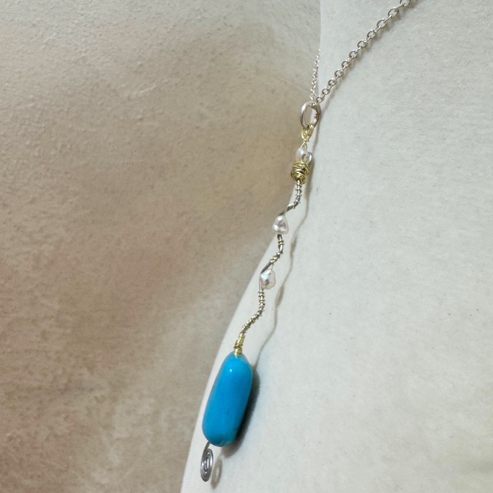 Natural Turquoise & Freshwater Pearl Wire Wrapped Pendant Necklace