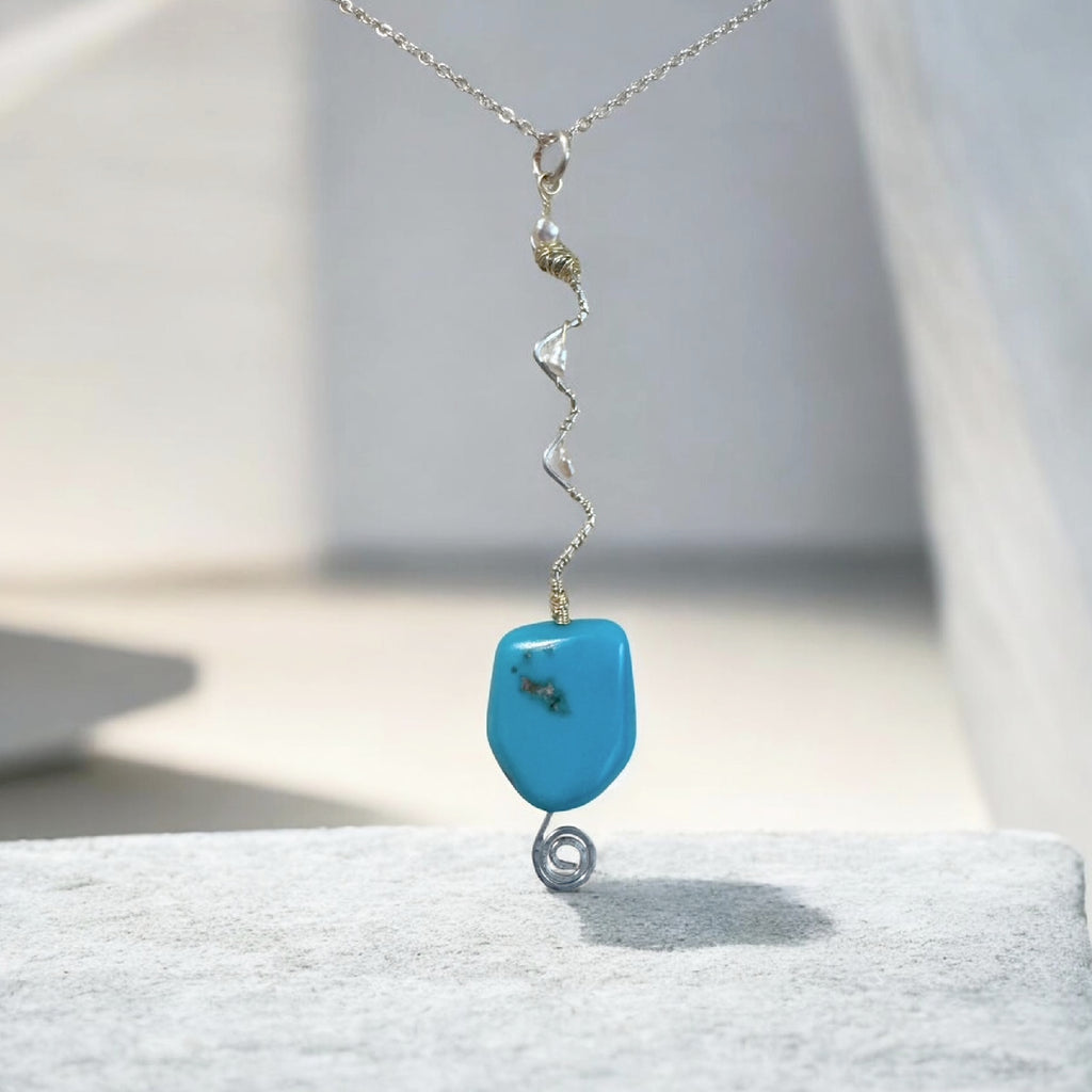 Natural Turquoise & Freshwater Pearl Wire Wrapped Pendant Necklace