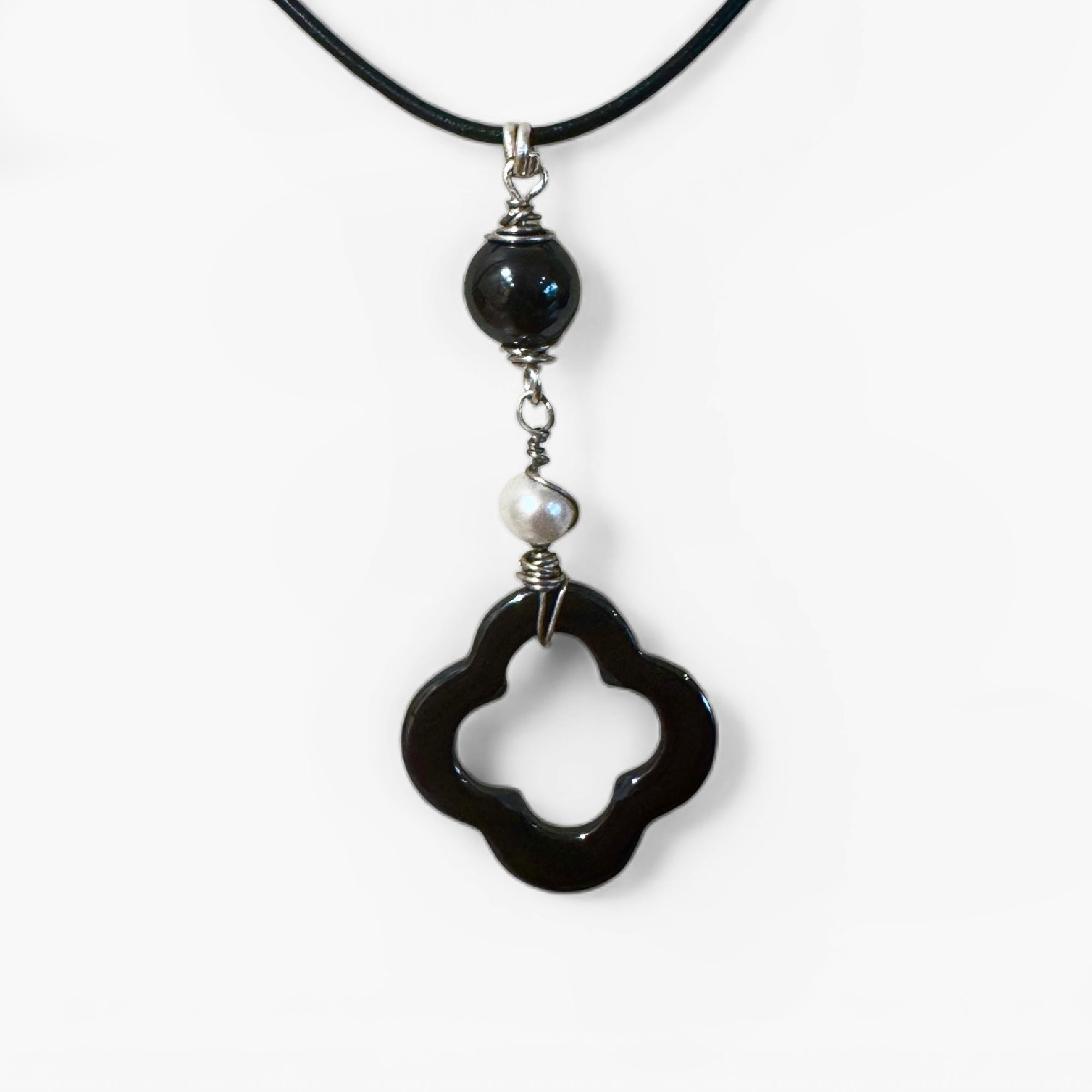 Sterling Silver Hematite Quatrefoil Pendant with Pearl