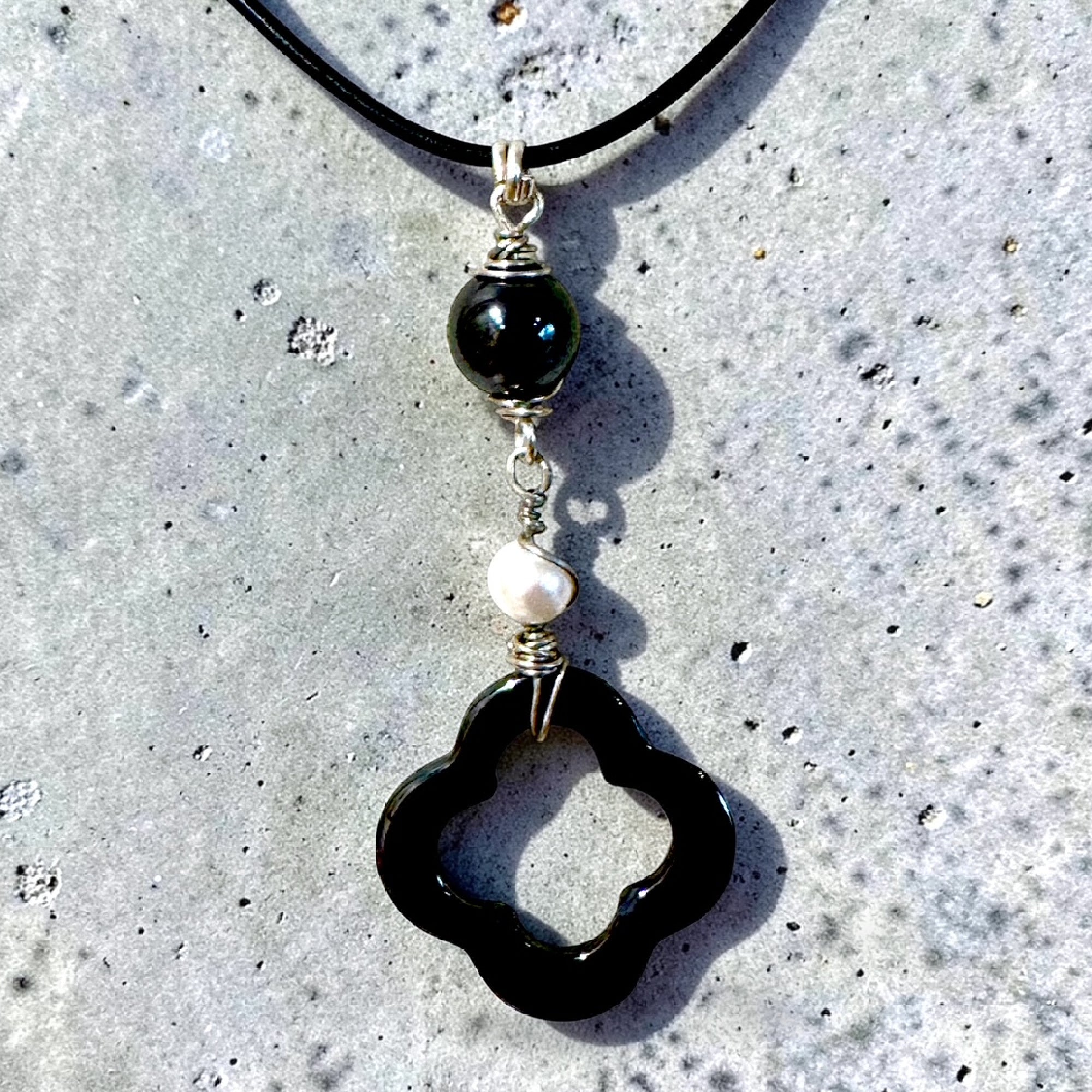 Sterling Silver Hematite Quatrefoil Pendant with Pearl