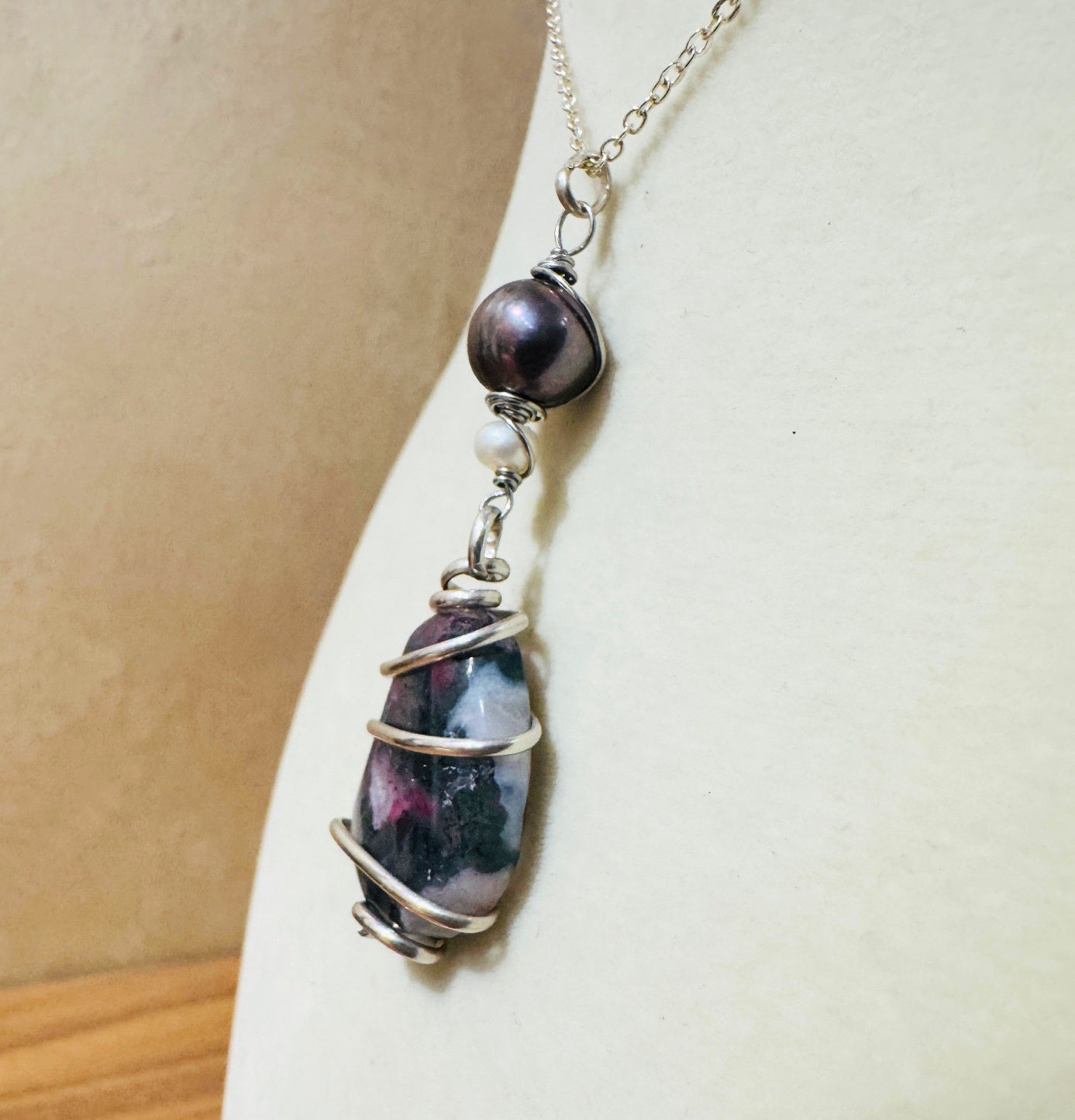 Charoite, Dark & White Freshwater Pearl Wire-Wrapped Pendant in Sterling Silver