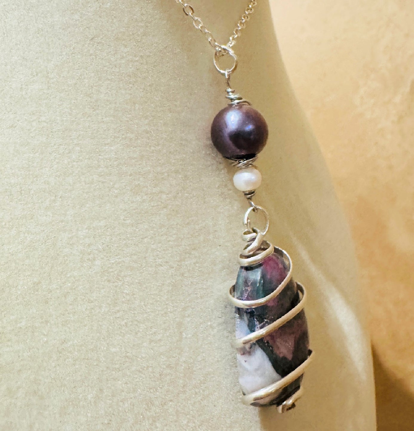 Charoite, Dark & White Freshwater Pearl Wire-Wrapped Pendant in Sterling Silver