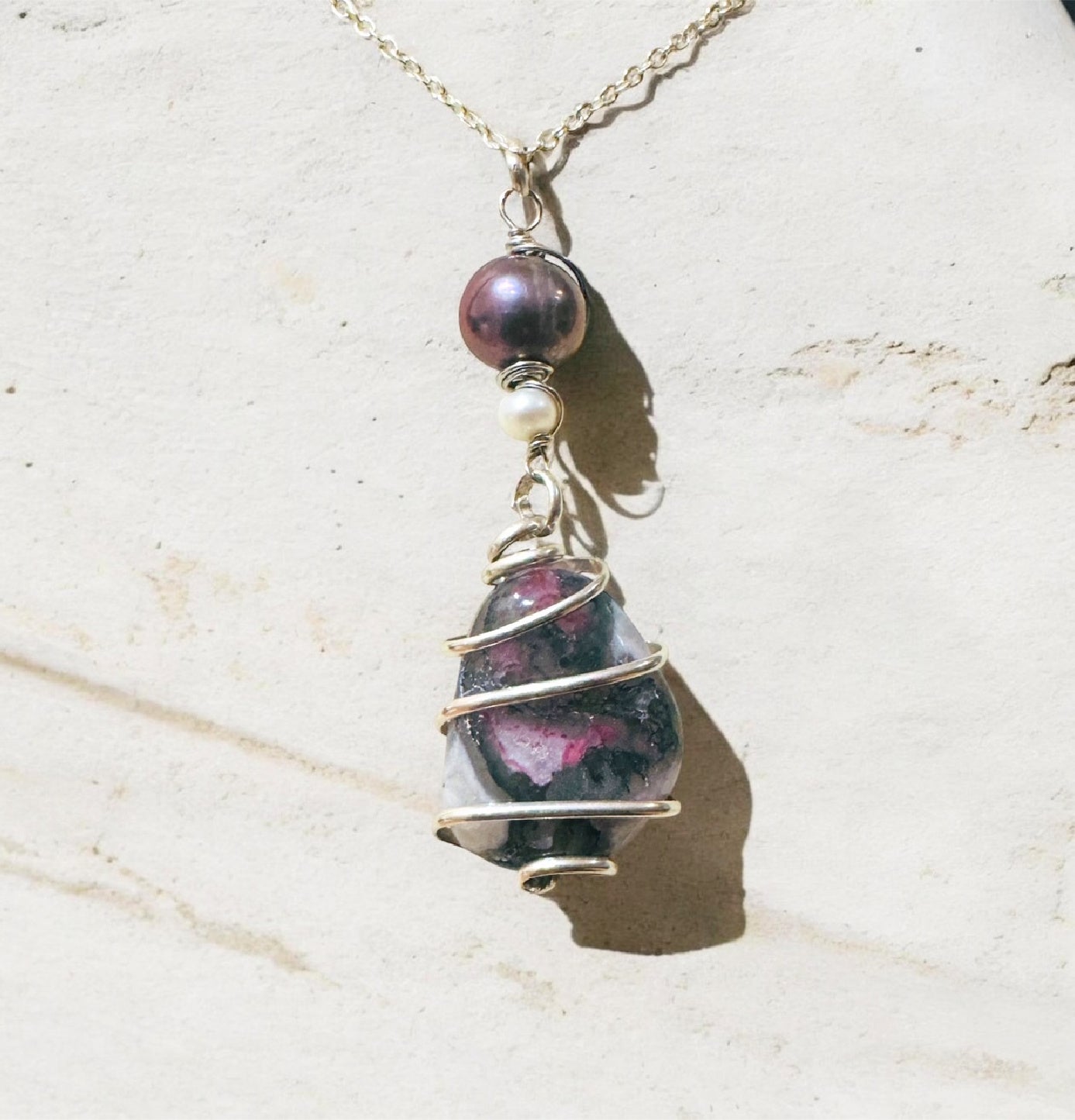 Charoite, Dark & White Freshwater Pearl Wire-Wrapped Pendant in Sterling Silver
