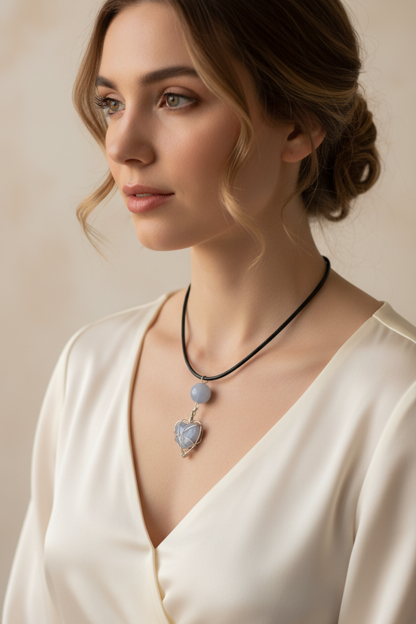 Blue heart pendant on model