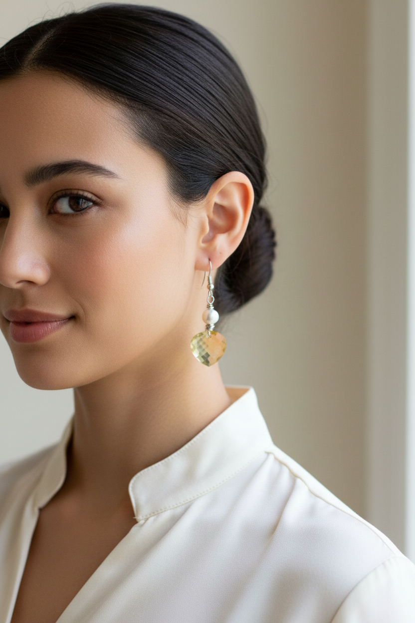 Citrine heart and pearl earrings on model - realistic size