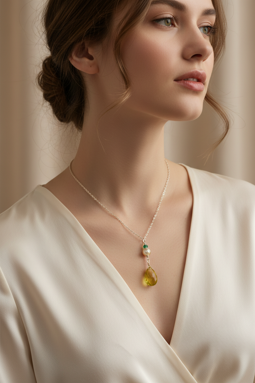 Citrine, pearl and emerald pendant on model
