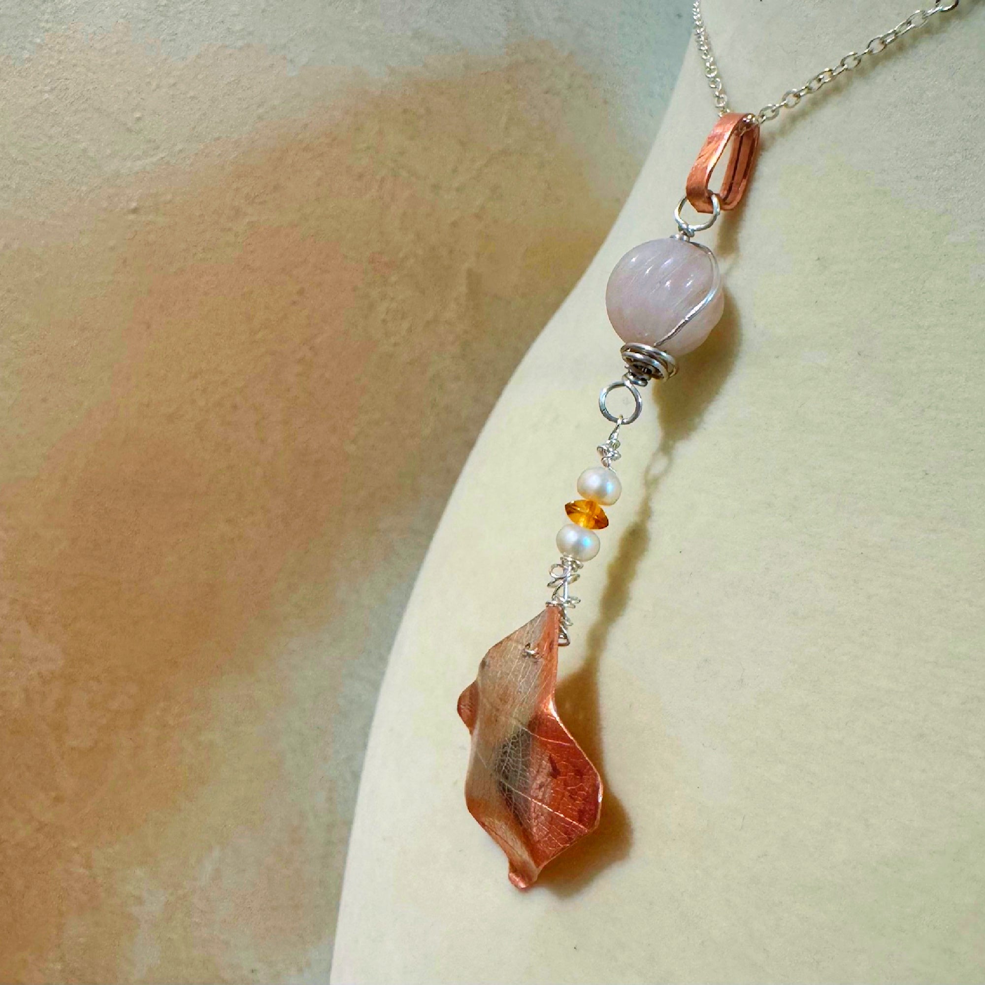 Autumn Leaf Copper and Rose Quartz Pendant