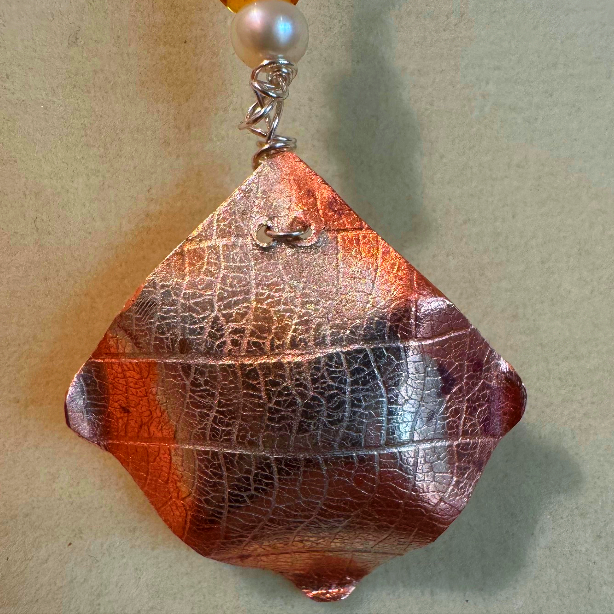 Autumn Leaf Copper and Rose Quartz Pendant