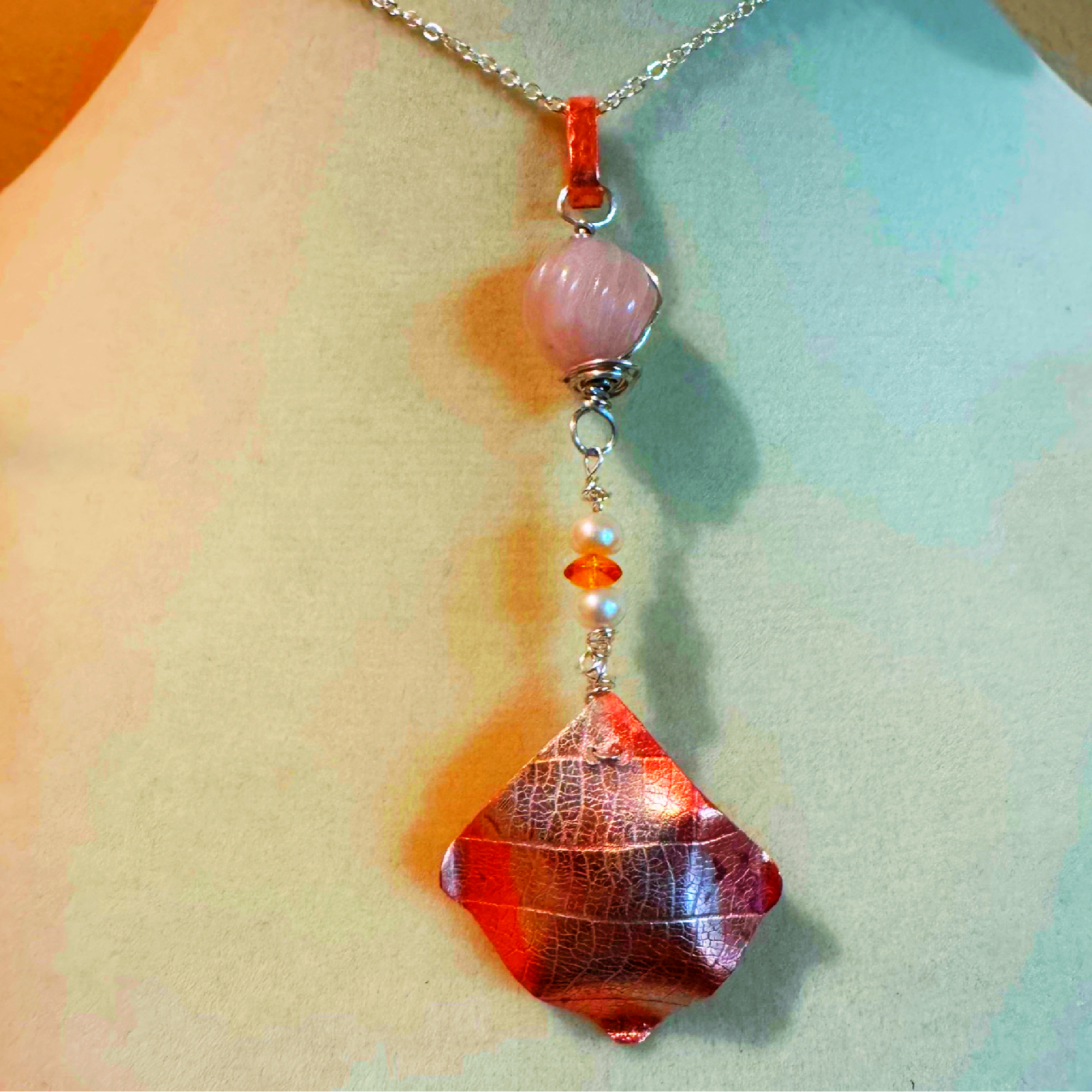 Autumn Leaf Copper and Rose Quartz Pendant