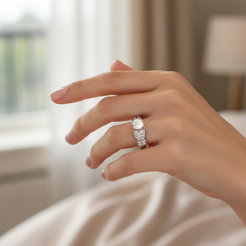 Engagement ring on model hand