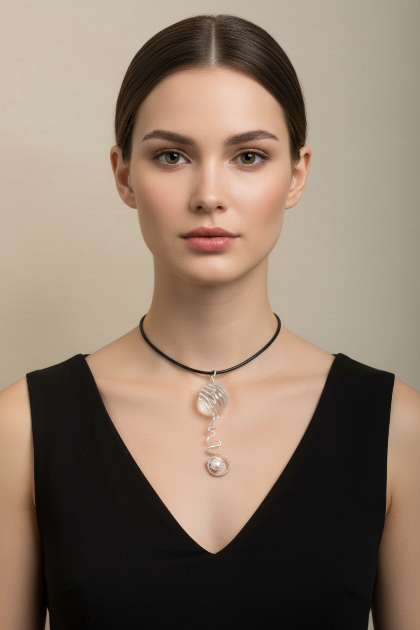 Faceted Crystal Ball & Pearl Pendant - Model Shot